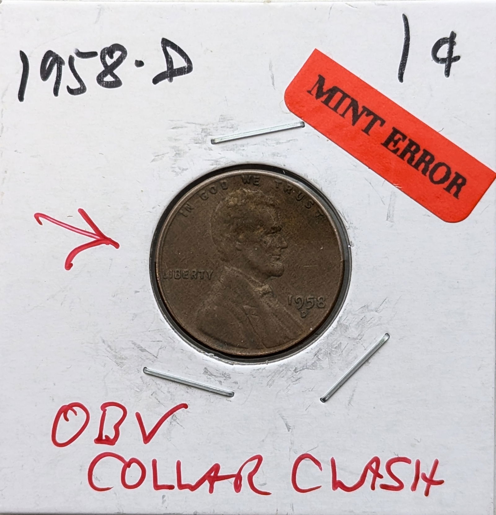 ERROR 1958-D Lincoln Wheat Cent - OBV Collar Clash (1 of 2)