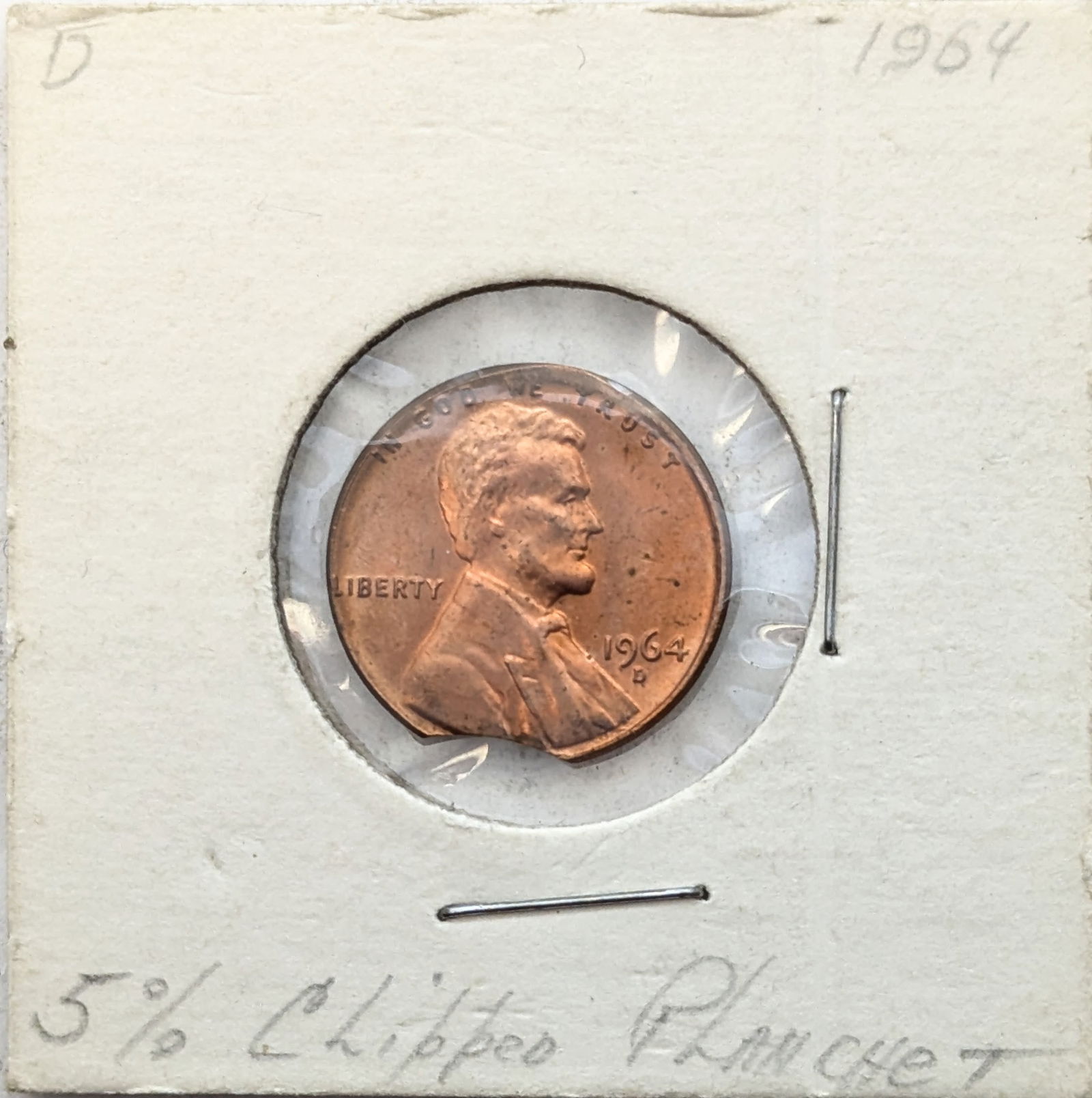 ERROR 1964-D Lincoln Cent - 5% Clipped Planchet (1 of 2)