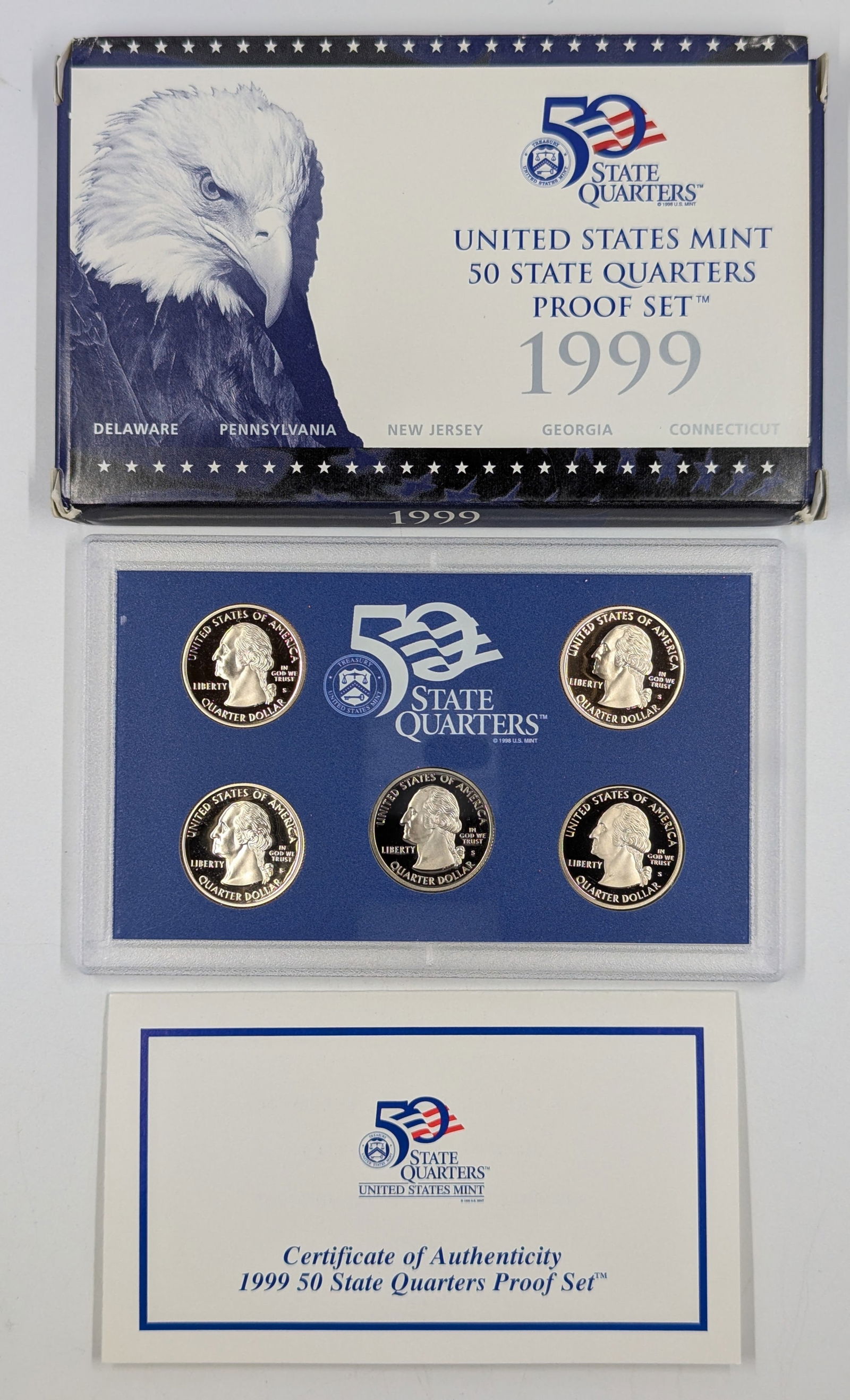 1999 US Mint State Quarters Proof Set w/ COA DE, PA, NJ, GA, and CT (1 of 2)
