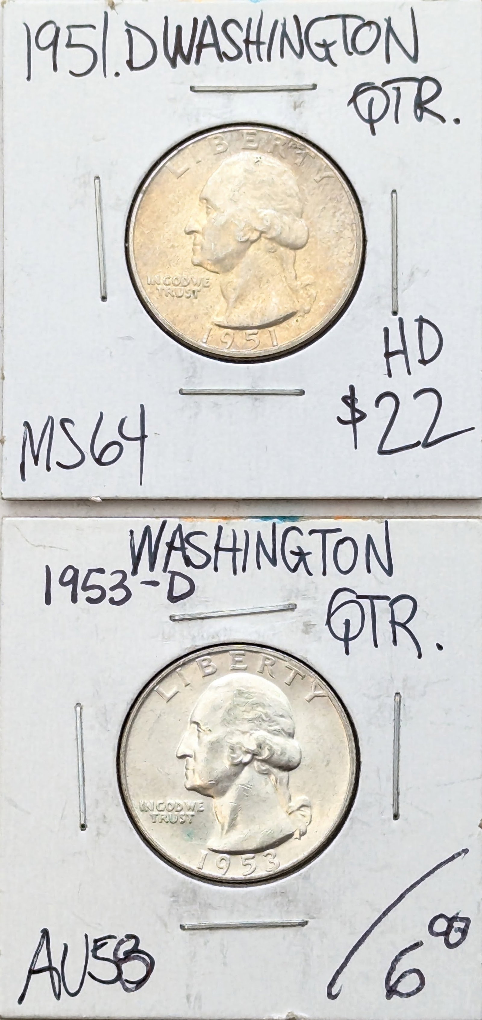 Lot of 2 Silver Washington Quarters - 1951, 1953-D: Silver