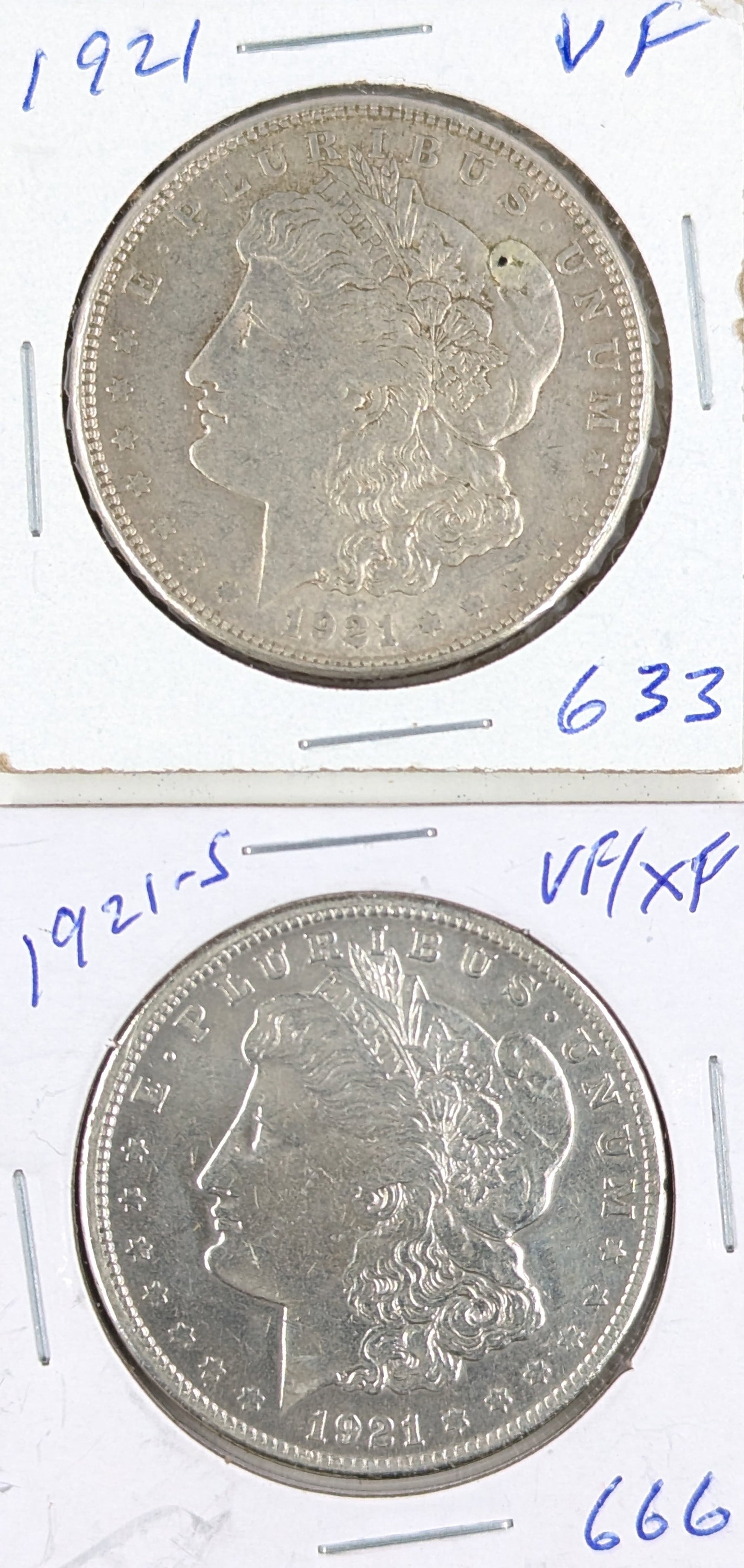 Lot of 2 Morgan Silver Dollars - 1921, 1921-S: Silver