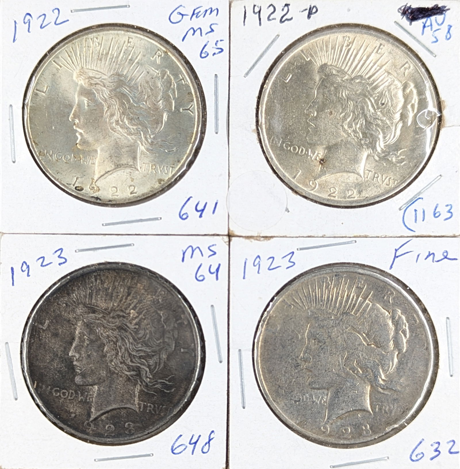 Lot of 4 Silver Peace Dollars - 1922(2), 1923(2) (1 of 2)