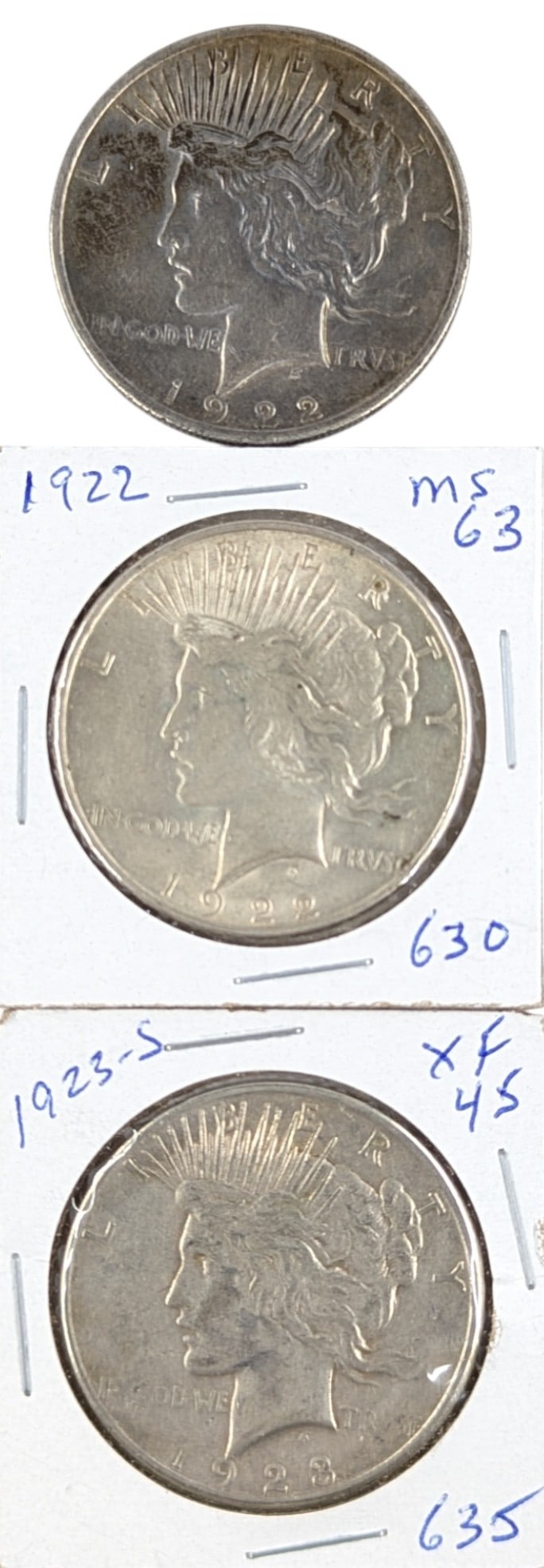 Lot of 3 Silver Peace Dollars - 1922(2), 1923-S (1 of 2)