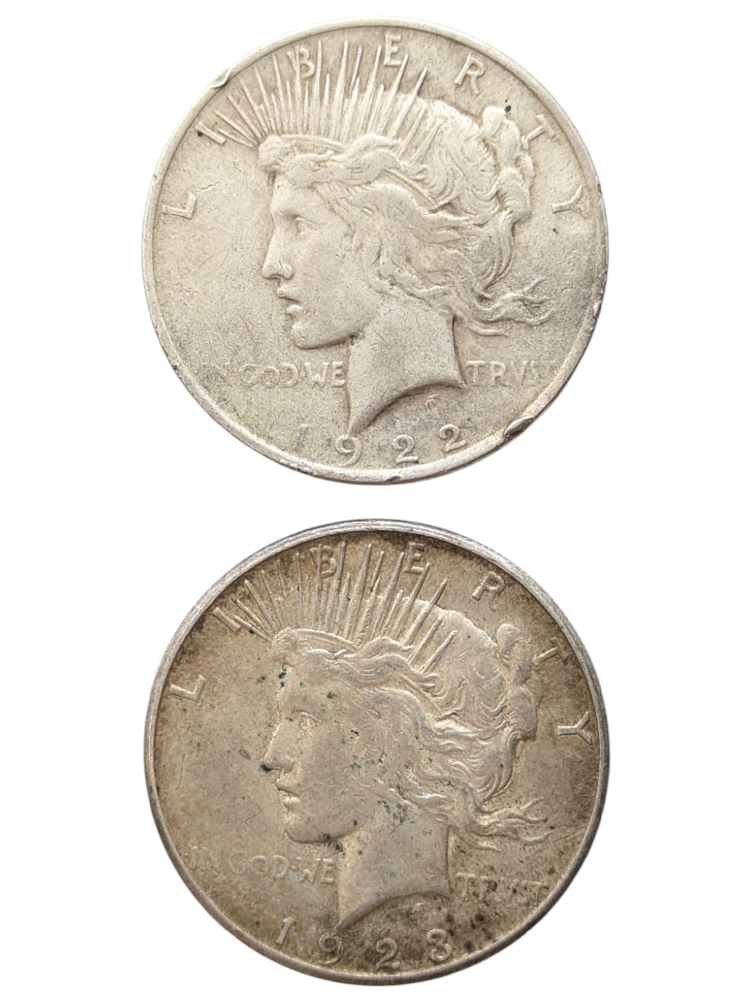 Lot of 2 Silver Peace Dollars - 1922, 1923-S (1 of 2)
