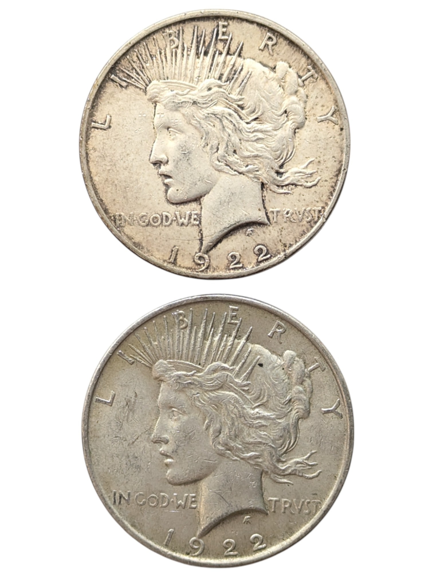 Lot of 2 Silver Peace Dollars - 1922-D, 1922 (1 of 2)