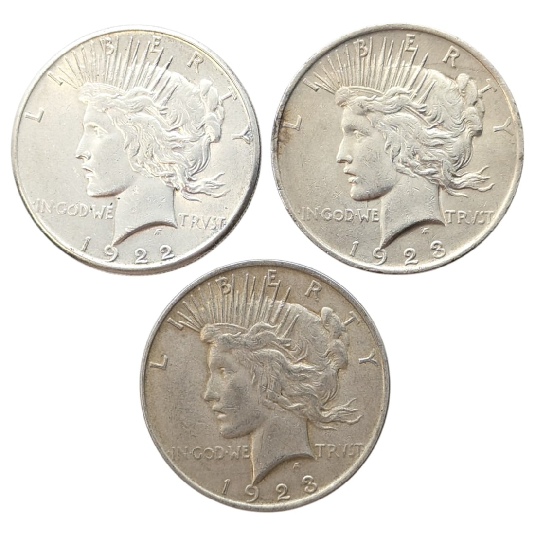 Lot of 3 Silver Peace Dollars - 1922-S, 1923(2) (1 of 2)
