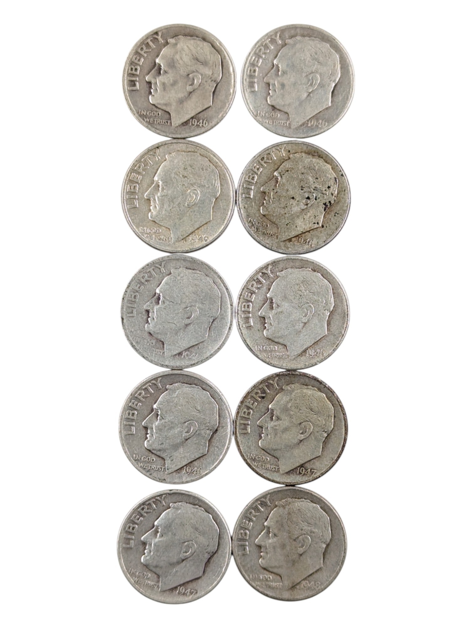 Lot of 10 Silver 1940s Roosevelt Dimes: Silver
