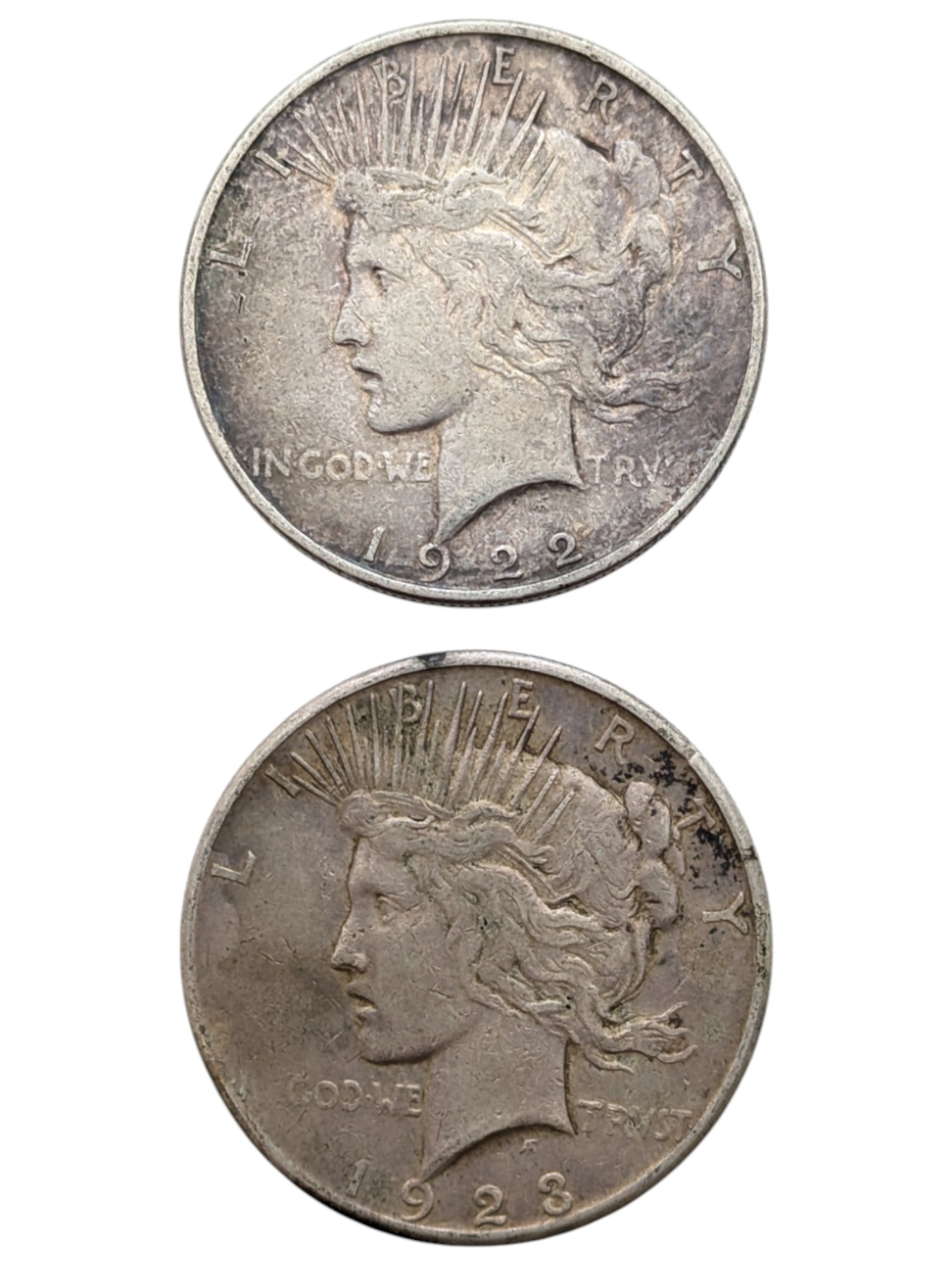 Lot of 2 Silver Peace Dollars - 1922-D, 1923-S (1 of 2)