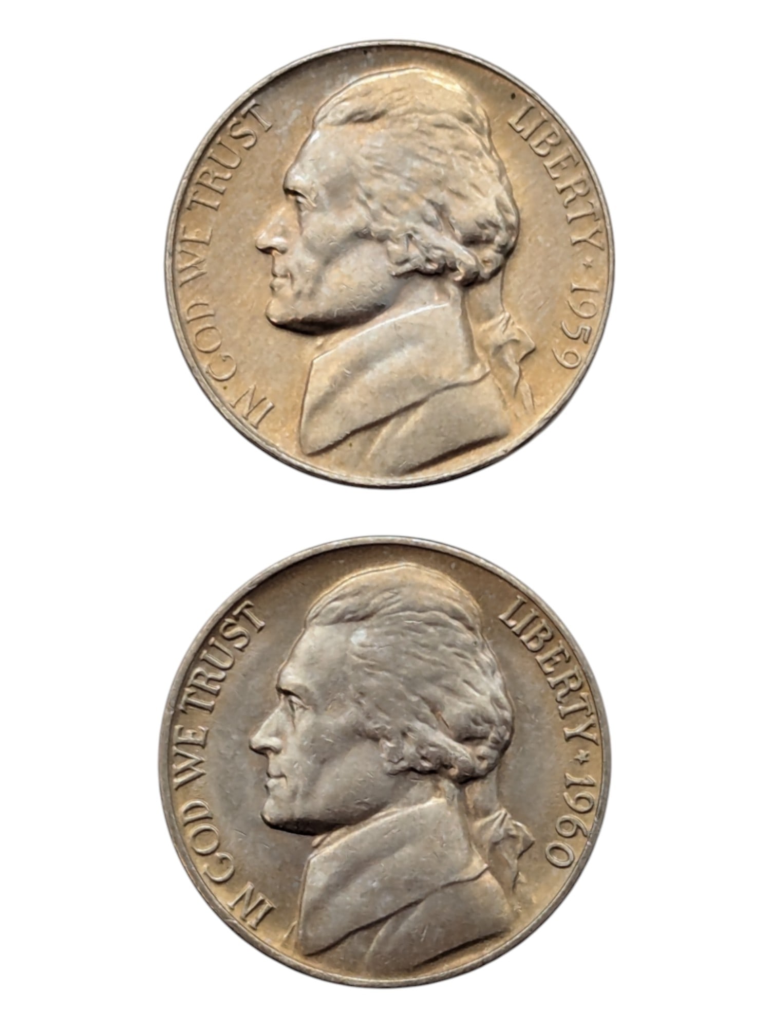 Lot of 2 Uncirculated Jefferson Nickels - 1959, 1960 - Toned (1 of 2)