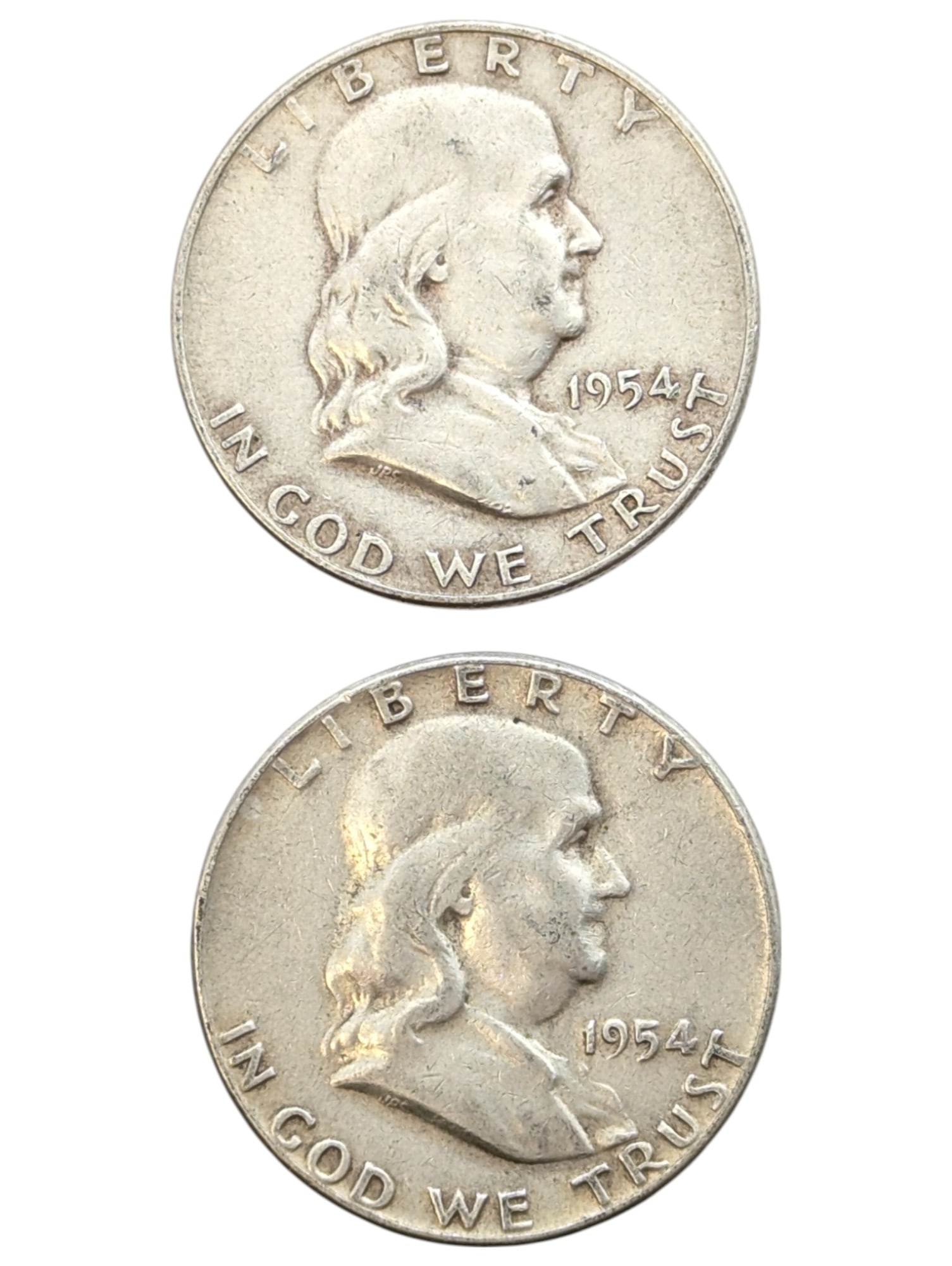 Lot of 2 Silver Franklin Half Dollars - 1954-D, 1954 (1 of 2)