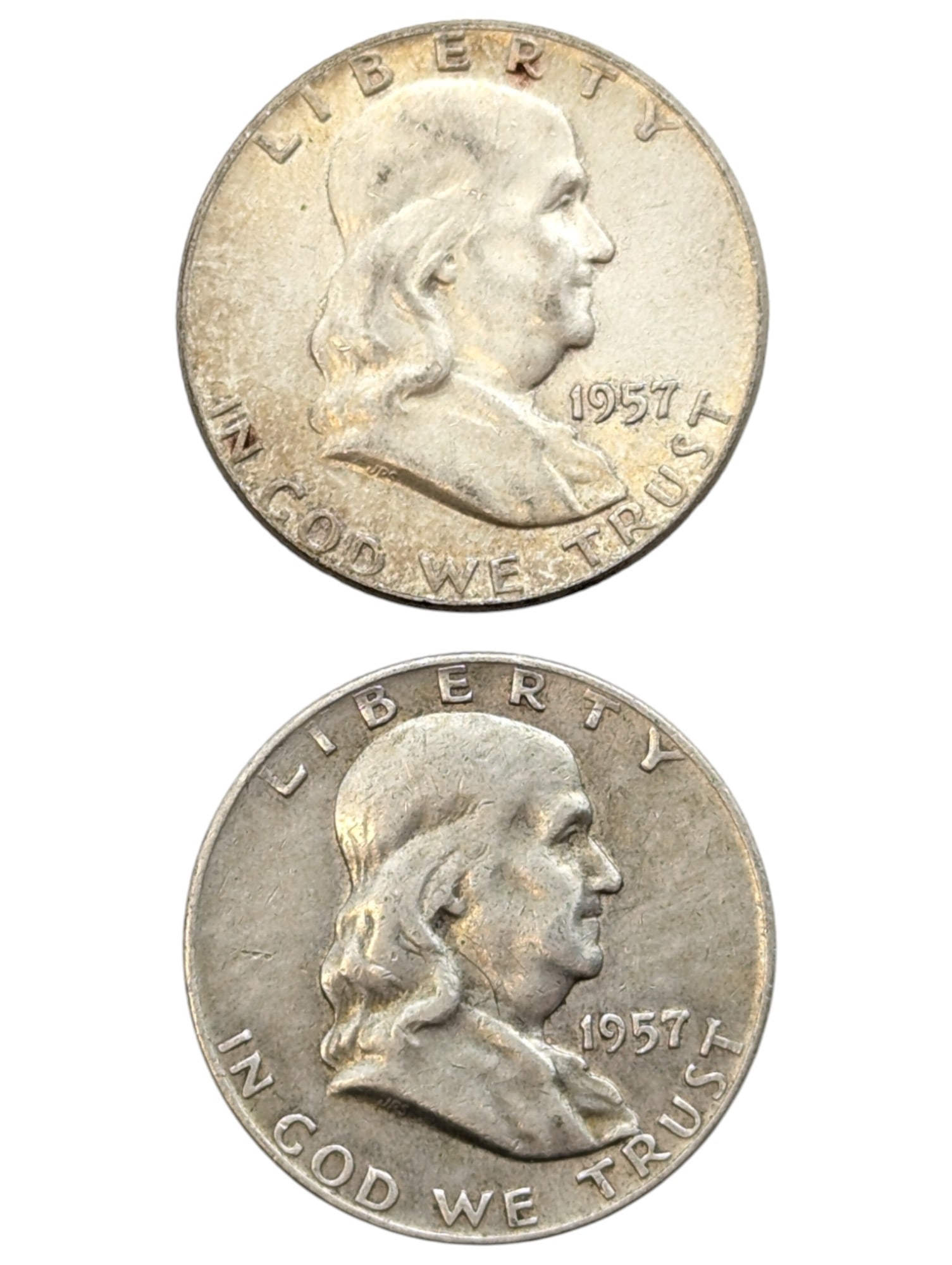 Lot of 2 Silver Franklin Half Dollars - 1957, 1957-D: Silver