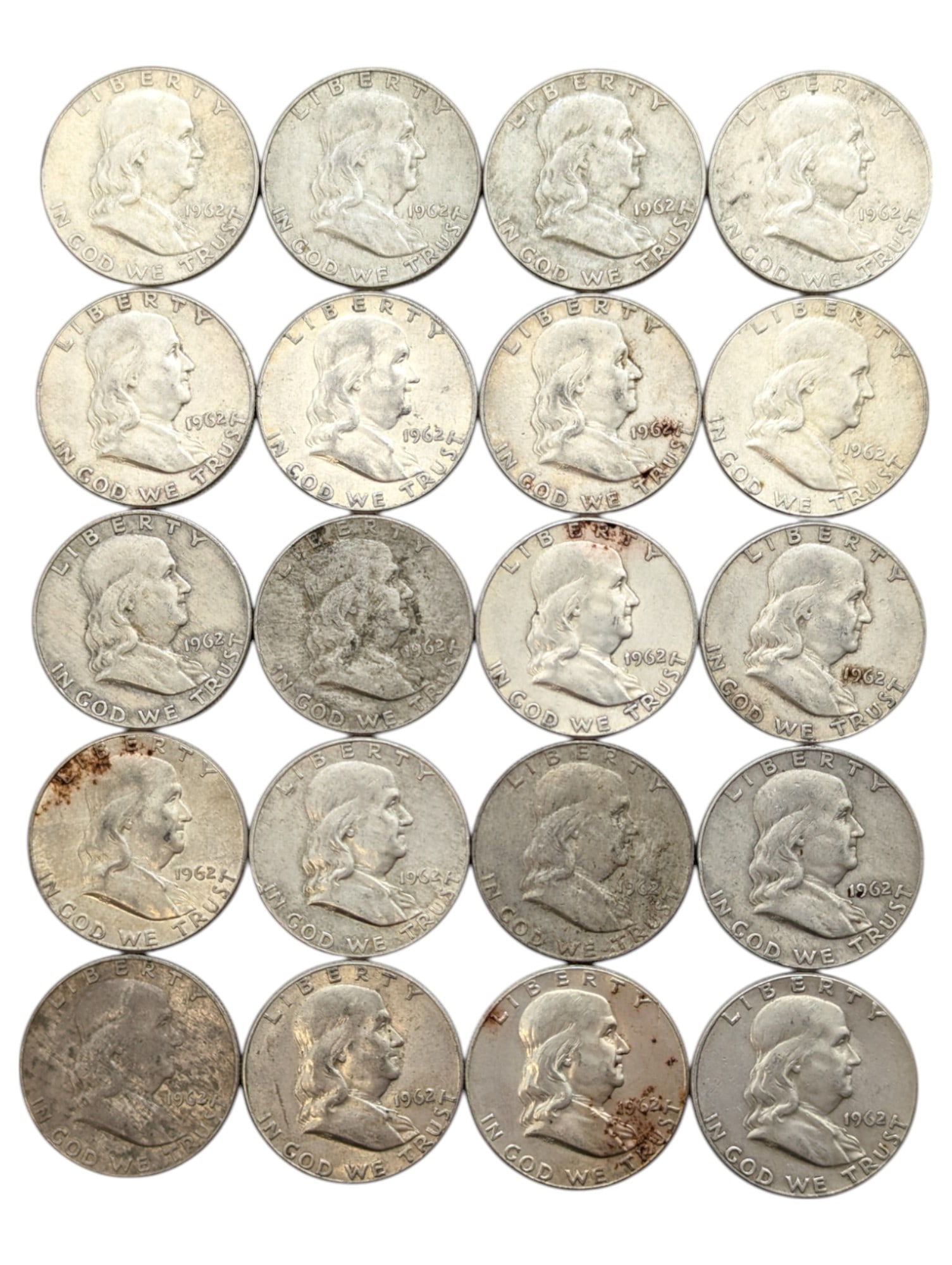 Lot of 20 Silver Franklin Half Dollars - 1962(12), 1962-D(8) (1 of 2)