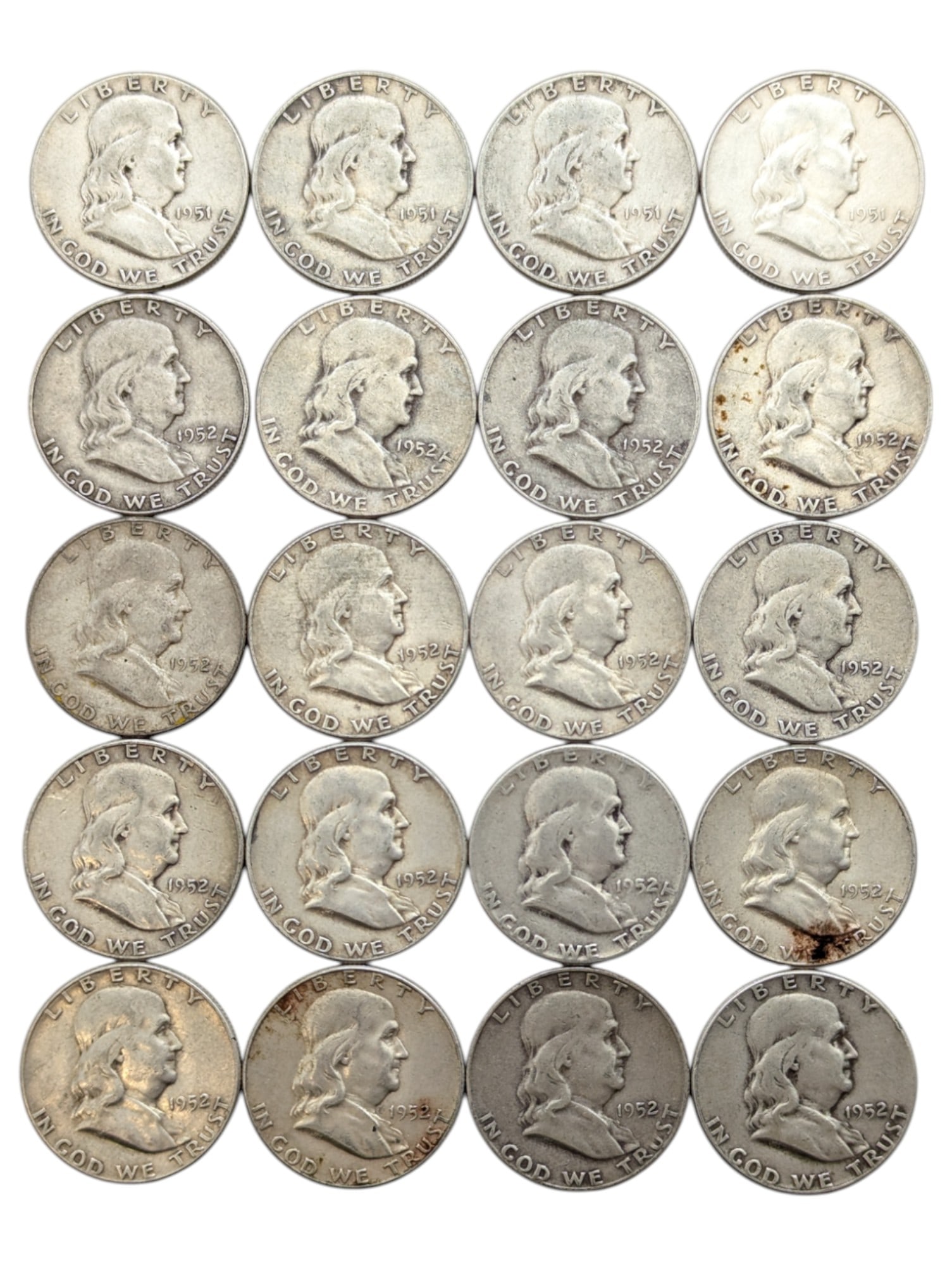 Lot of 20 Silver Franklin Half Dollars - 1951(4), 1952 (1 of 2)