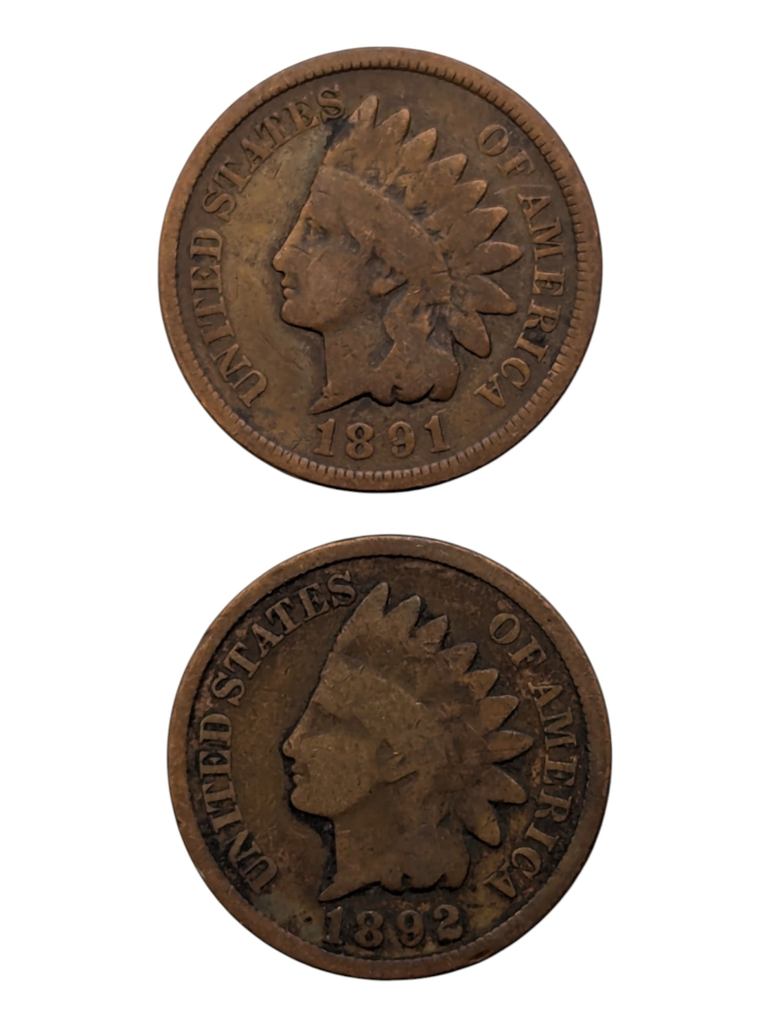Lot of 2 Indian Head Cents - 1891, 1892: Coin