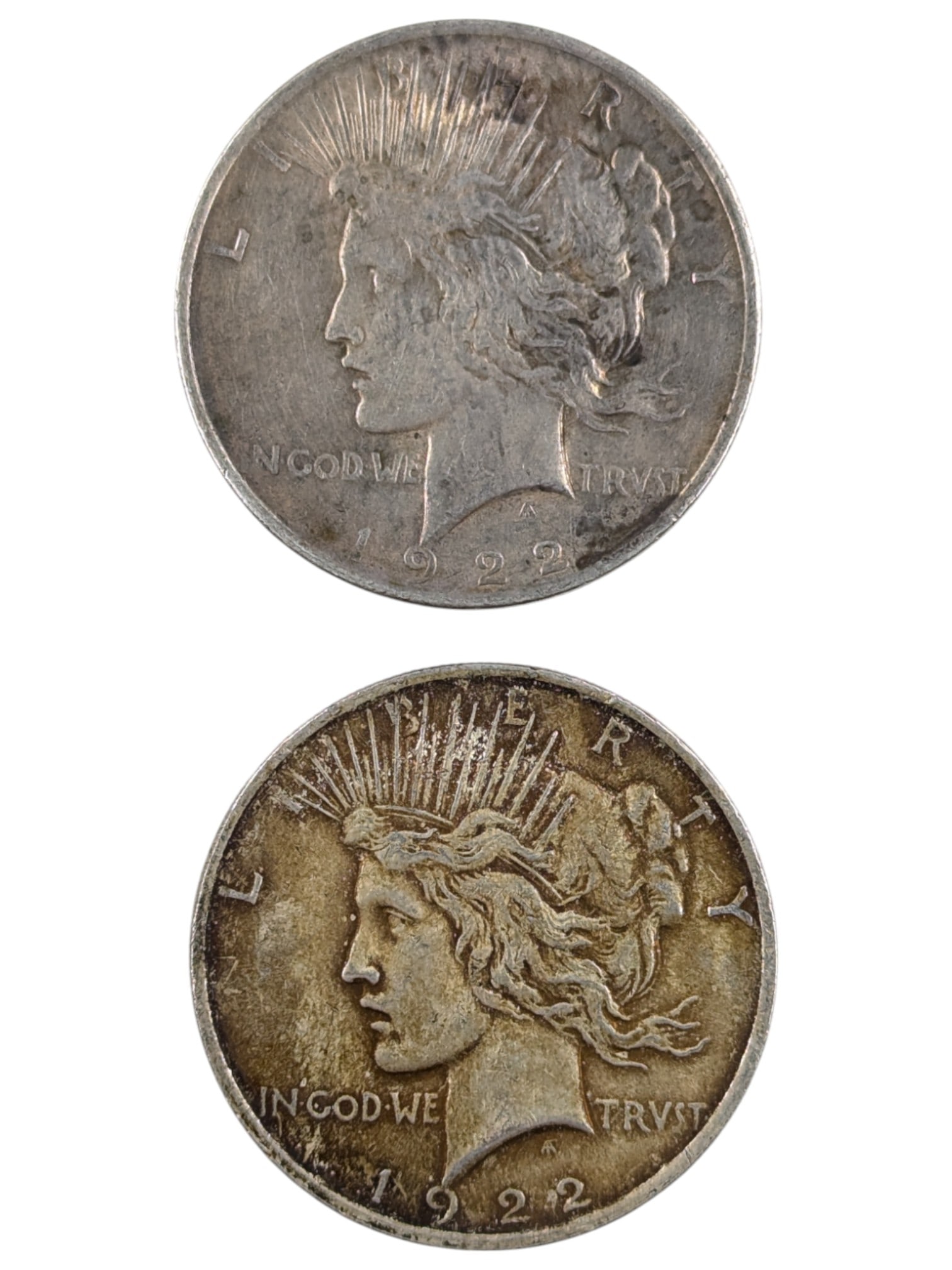 Lot of 2 Silver Peace Dollars - Both 1922: Silver