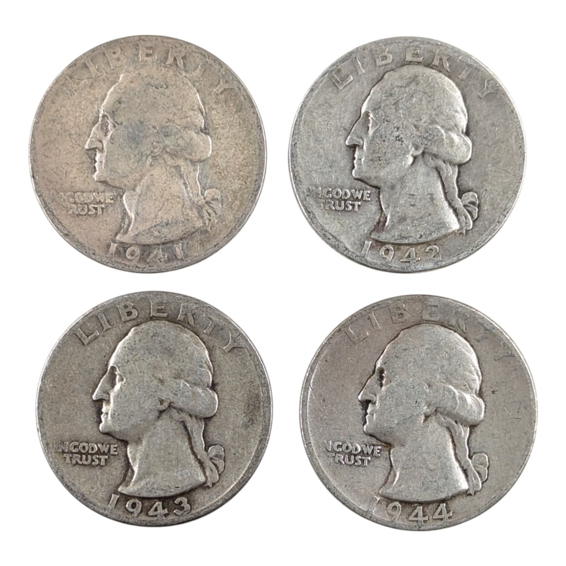 Lot of 4 Silver Washington Quarters - 1941-1944: Silver