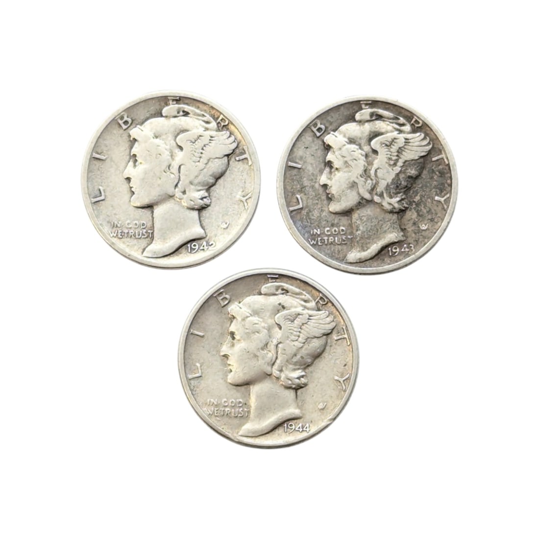 Lot of 3 Silver Mercury Dimes - 1942, 1943, 1944: Silver