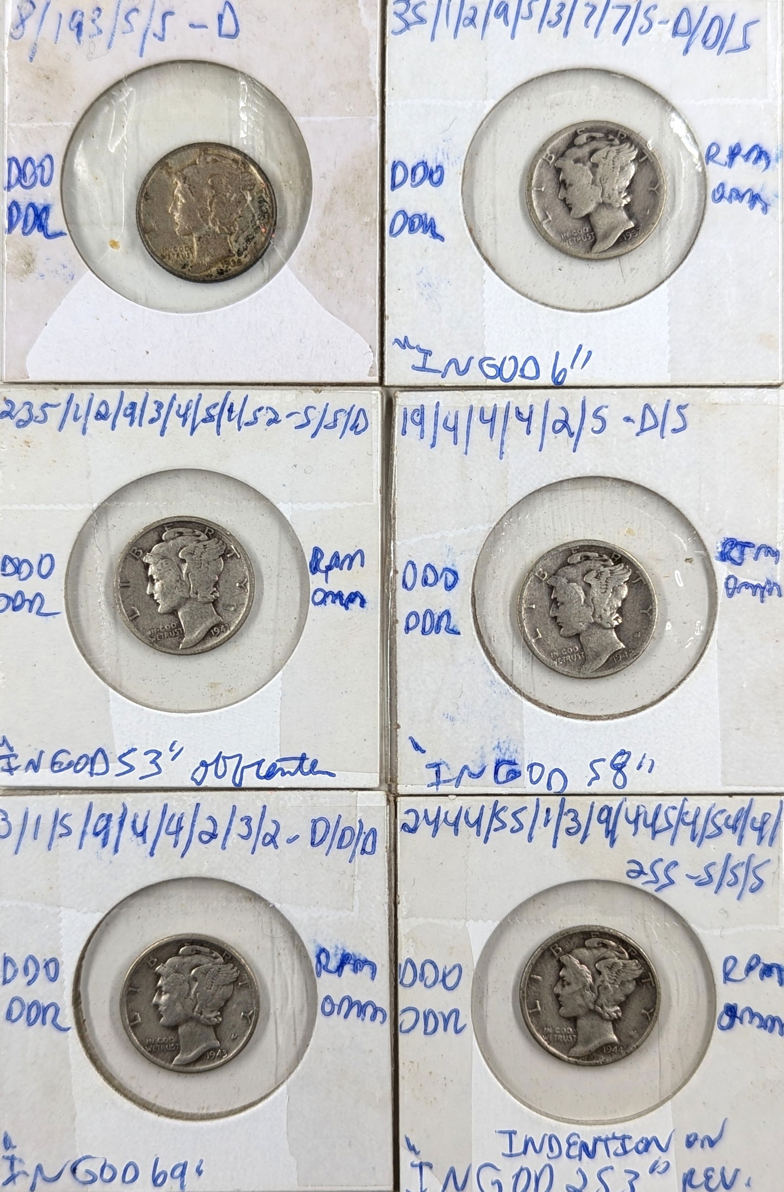 Lot of 6 Silver Mercury Dimes - 1937-1945 (1 of 2)