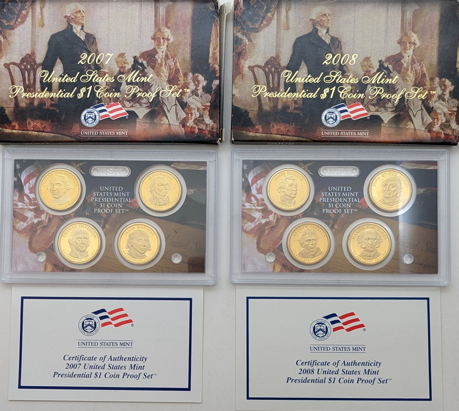 Lot of 2 US Mint Presidential Dollar Proof Sets w/ COAs - 2007, 2008 (1 of 2)