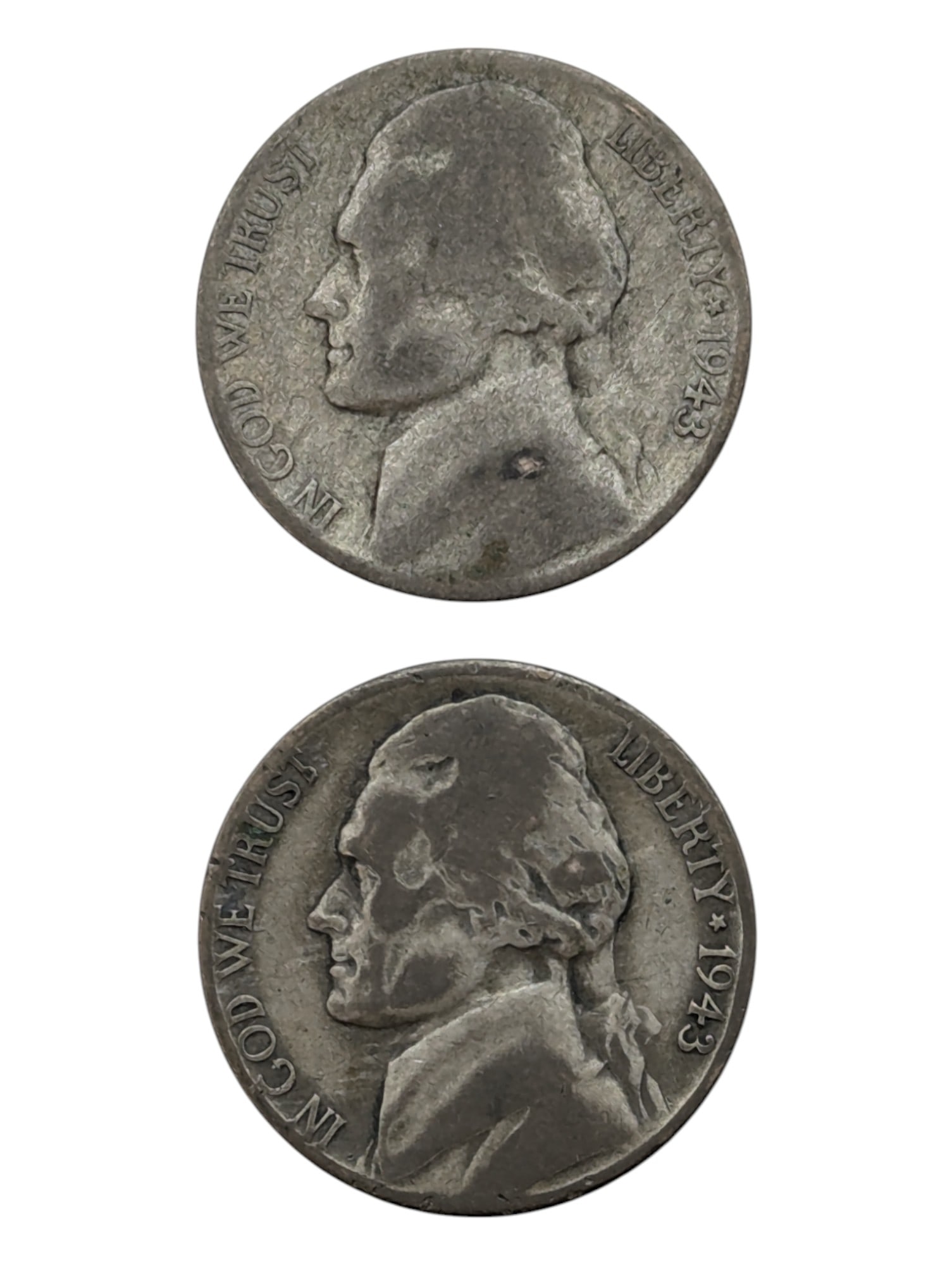 Lot of 2 - 1943-S Silver War Nickels: 35% Silver