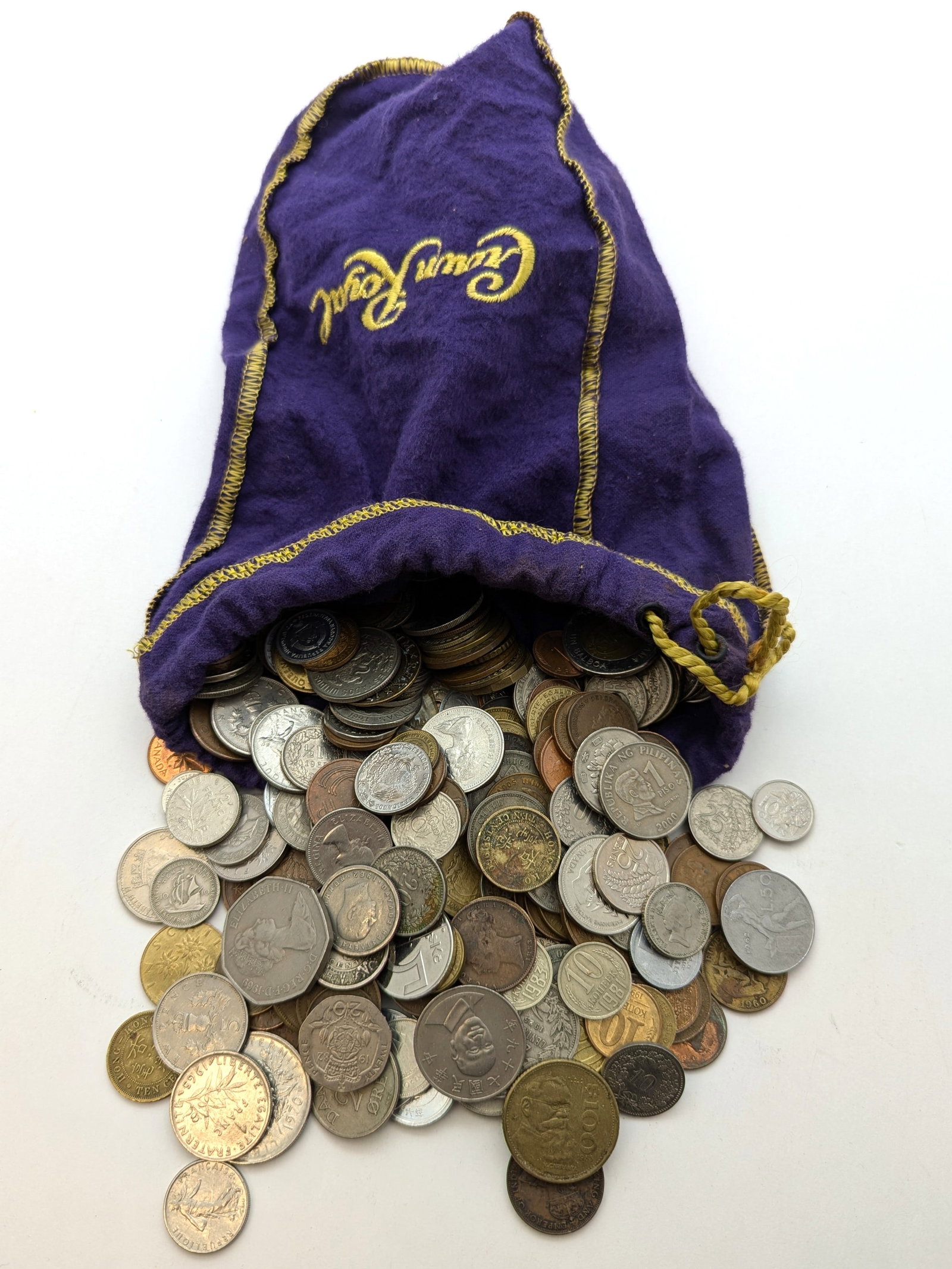 Large Lot of 260+ Foreign Coins in Crown Royal Bag: Coin