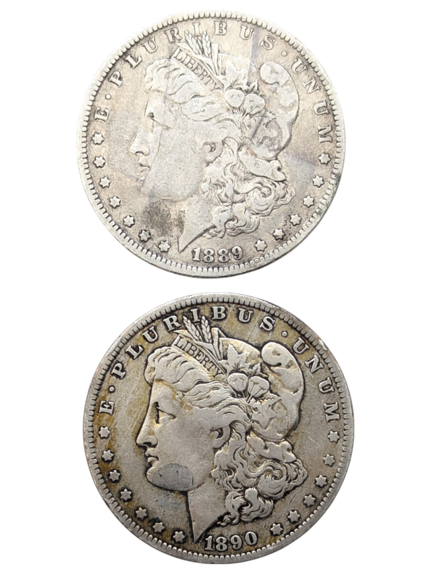 Lot of 2 Morgan Silver Dollars - 1889-O, 1890-O: Silver