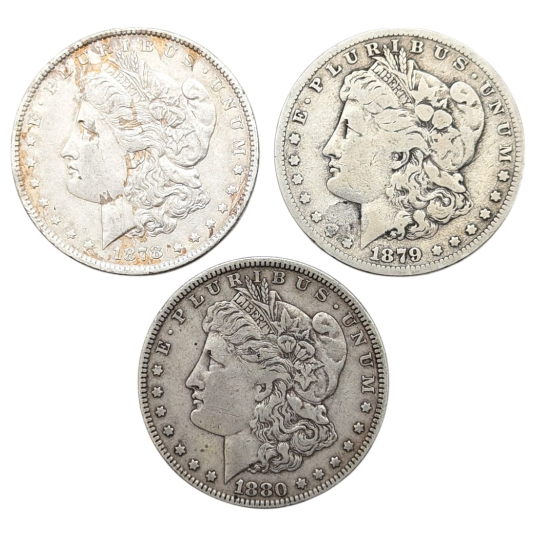 Lot of 3 Morgan Silver Dollars - 1878, 1879-S, 1880 (1 of 2)