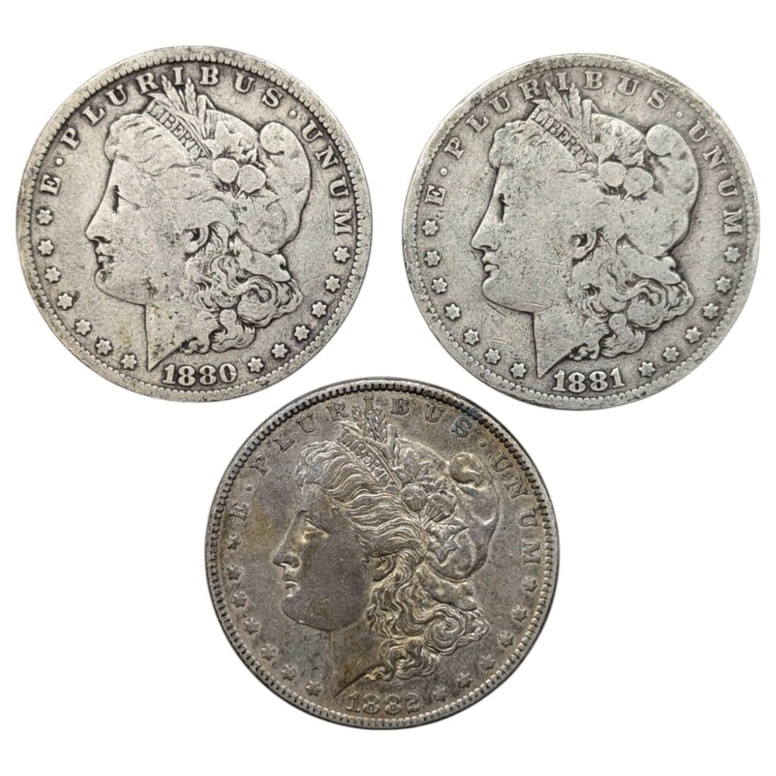 Lot of 3 Morgan Silver Dollars - 1880, 1881-O, 1882: Silver