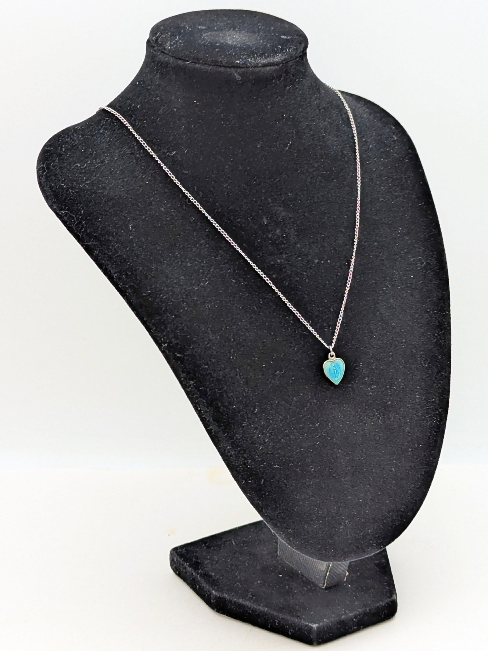 Sterling Silver Blue Enamel Miraculous Medal Ladies Necklace: Small knot in chain Length: 18in