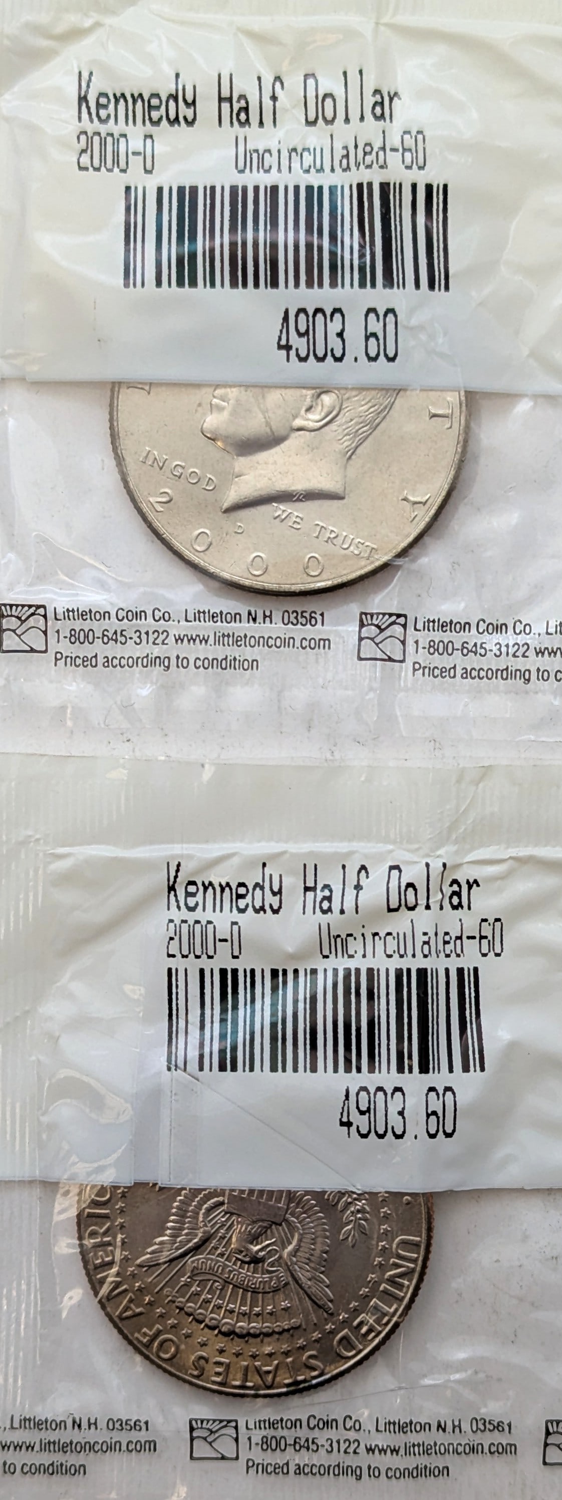 Lot of 2 - 2000-D John F Kennedy Half Dollars - Uncirculated: Coin
