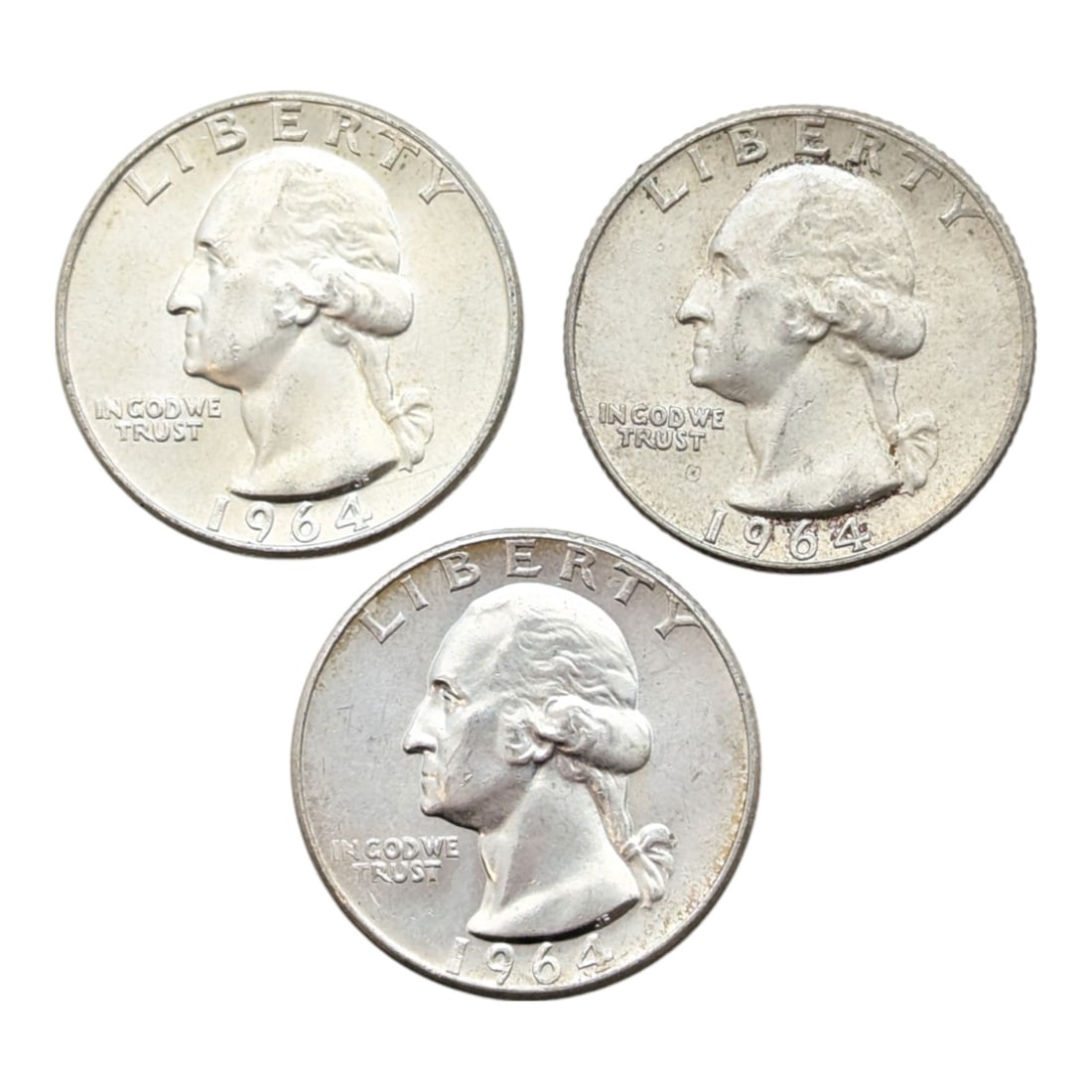 Lot of 3 Silver Washington Quarters - 1964(2), 1964-D (1 of 2)