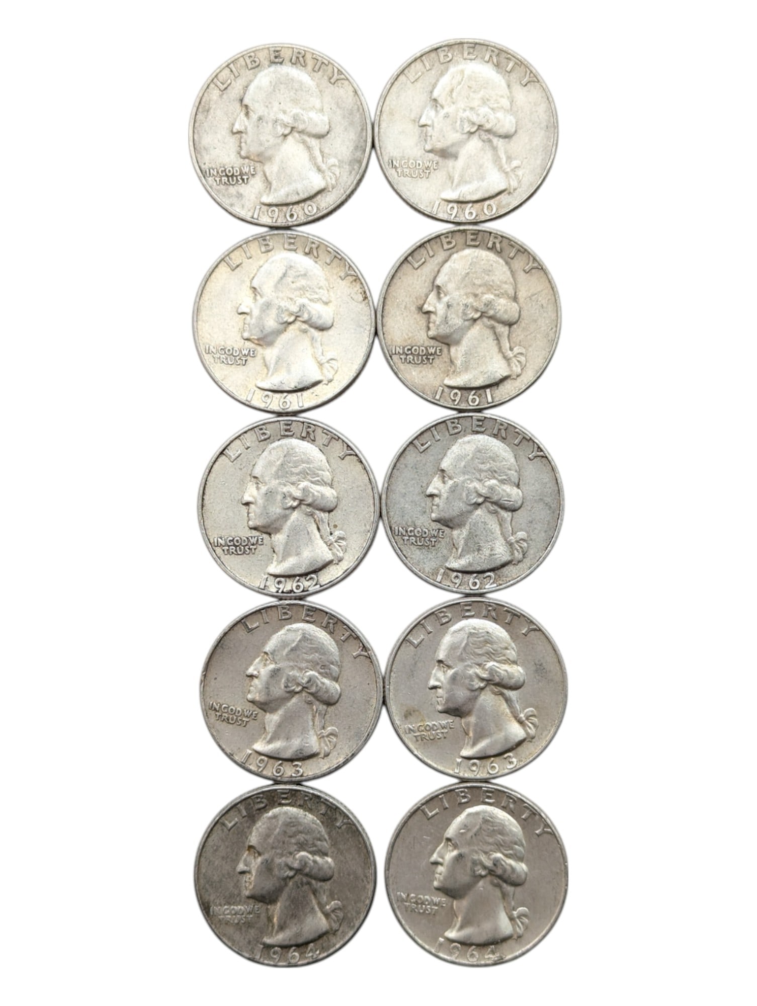 Lot of 10 Silver Washington Quarters - 1960-1964 (1 of 2)