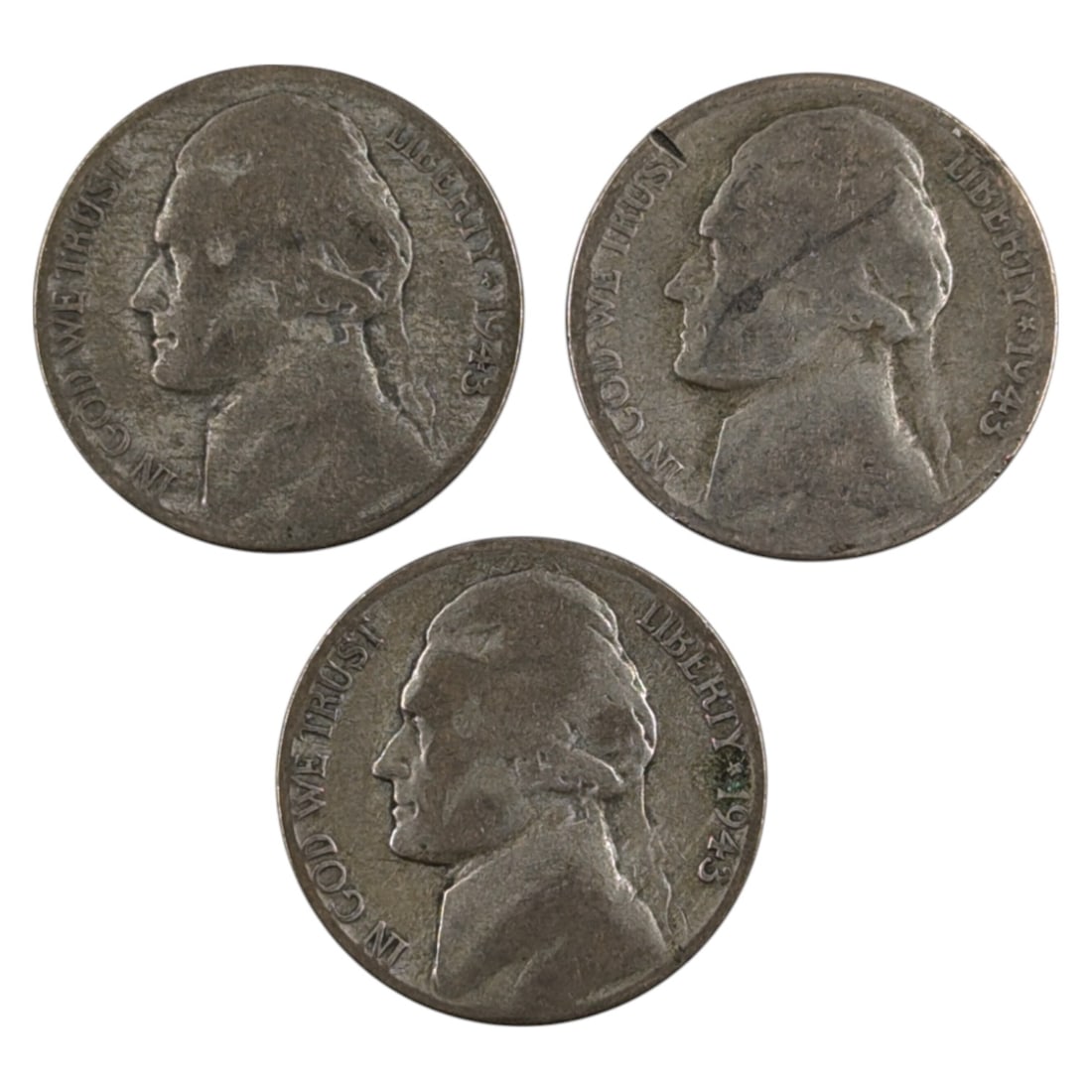 Lot of 3 Silver 1943 War Nickels (1 of 2)