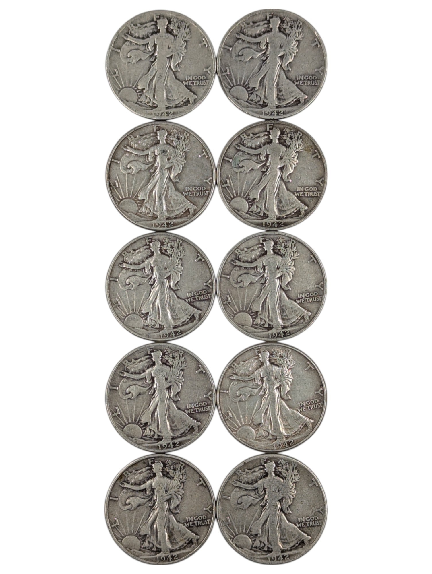 Lot of 10 Silver Walking Liberty Half Dollars - 1942 P/D/S (1 of 2)