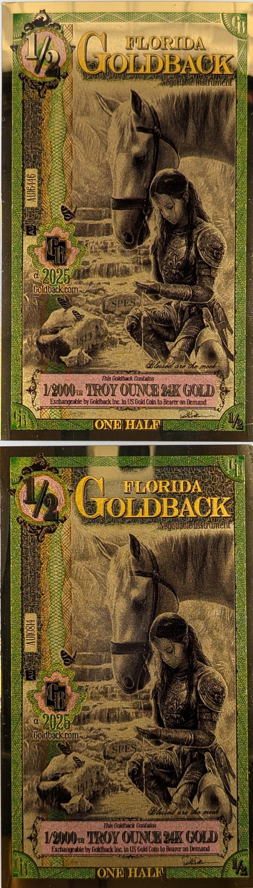 Lot of 2 - 2025 1/2 Florida Goldbacks 1/2000th Troy Ounce 24K Gold each (1 of 2)