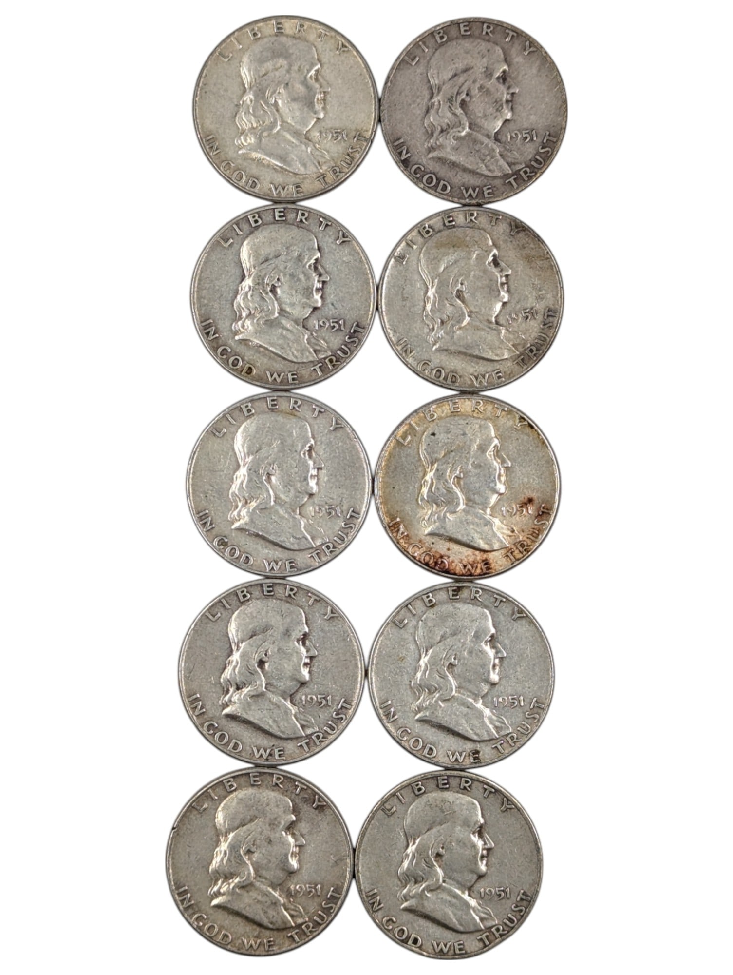 Lot of 10 Silver Franklin Half Dollars - 1951 P/D/S: Silver