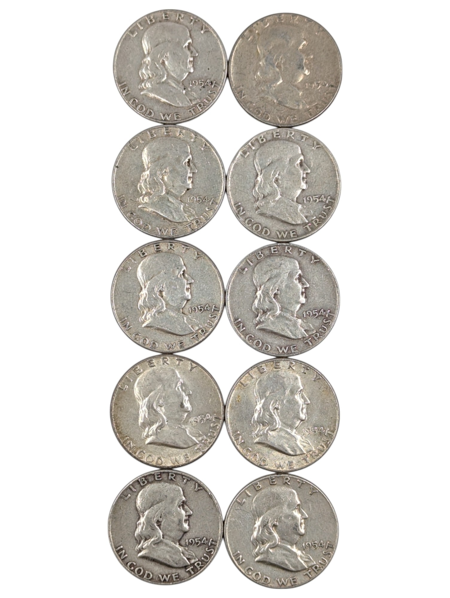 Lot of 10 Silver Franklin Half Dollars - 1954 P/D (1 of 2)
