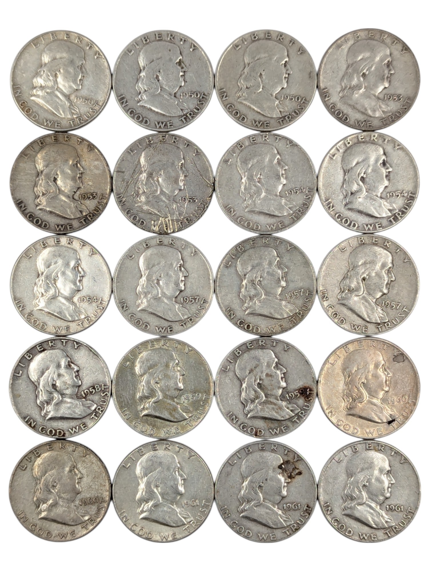 Lot of 20 Silver Franklin Half Dollars - 1950-1961 (1 of 2)