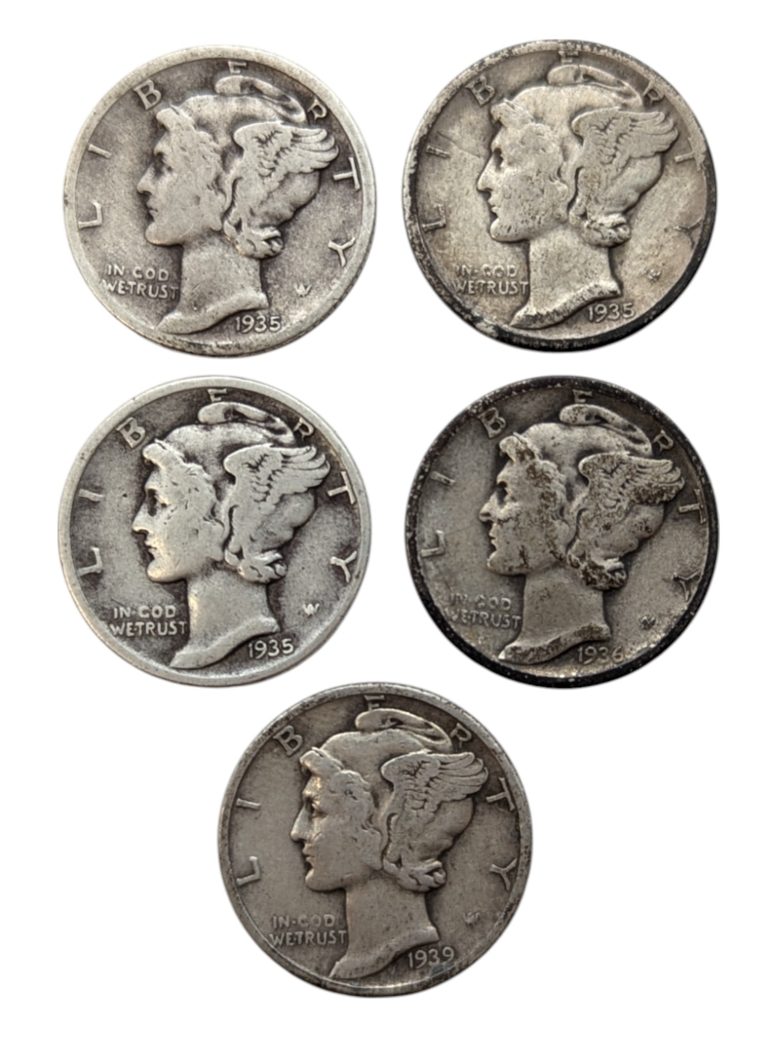 Lot of 5 Silver Mercury Dimes - 1935-1939 (1 of 2)