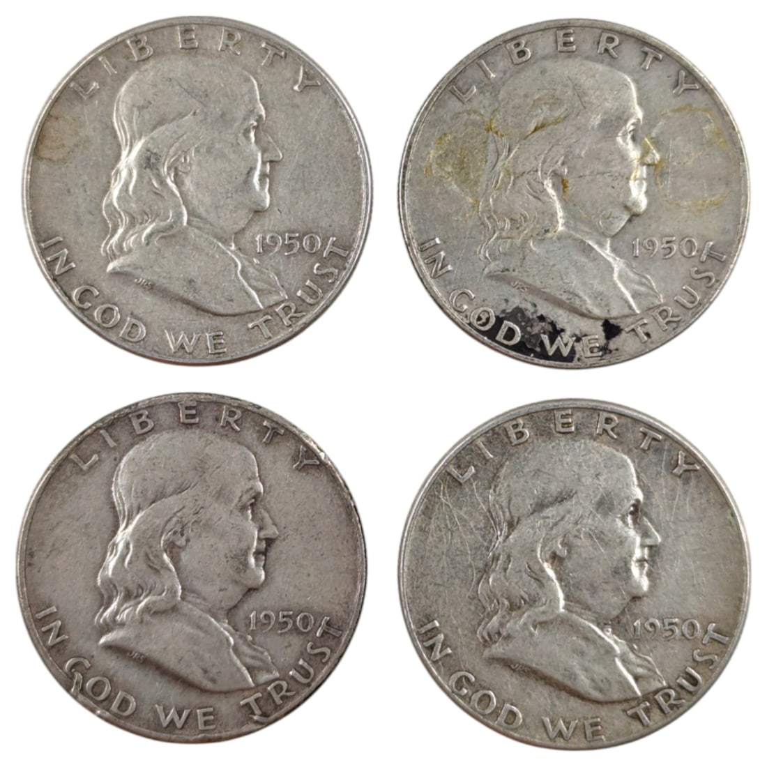Lot of 4 Silver Franklin Half Dollars - 1950 P/D (1 of 2)