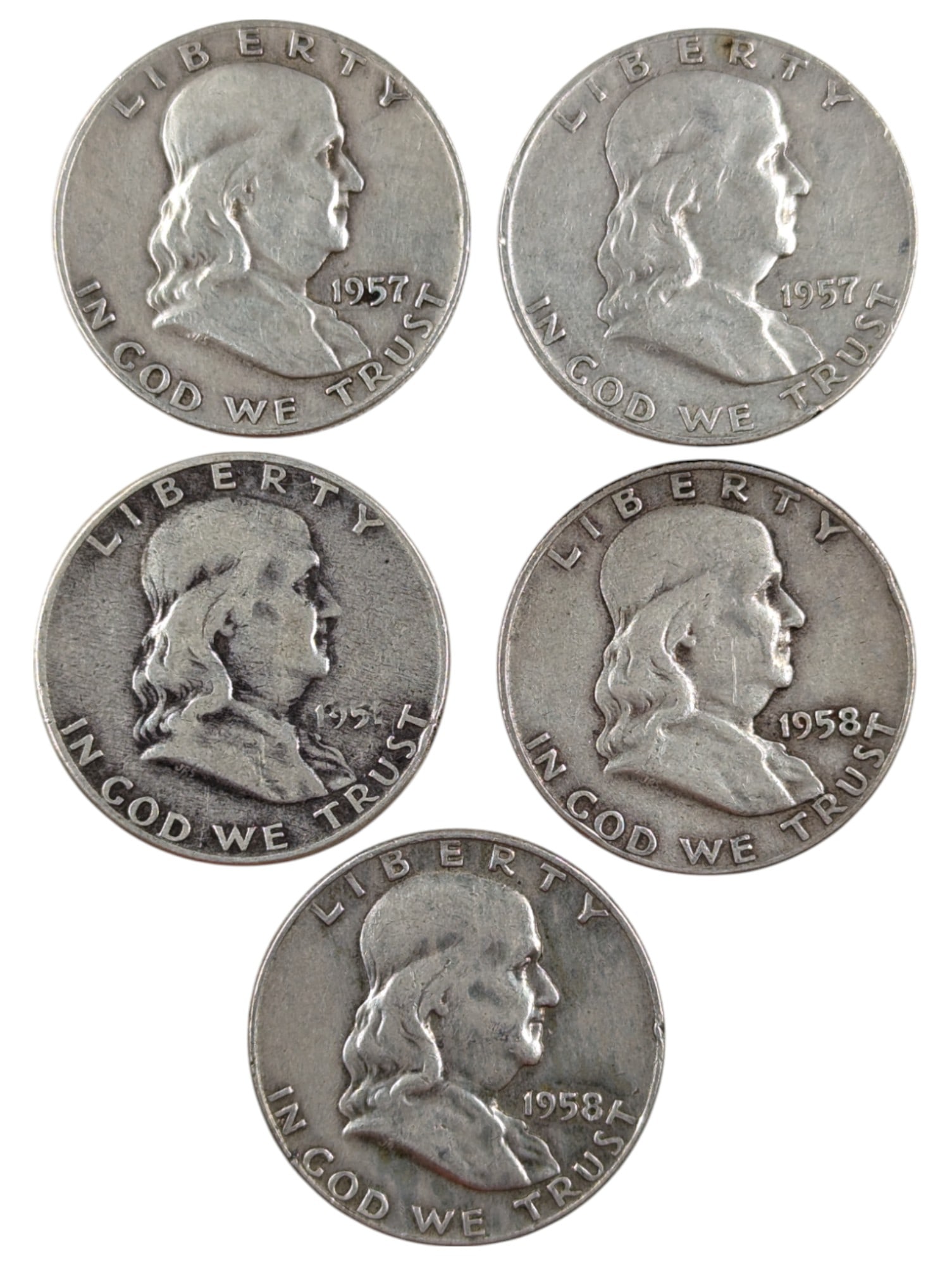 Lot of 5 Silver Franklin Half Dollars - 1957-1958 P/D: Silver