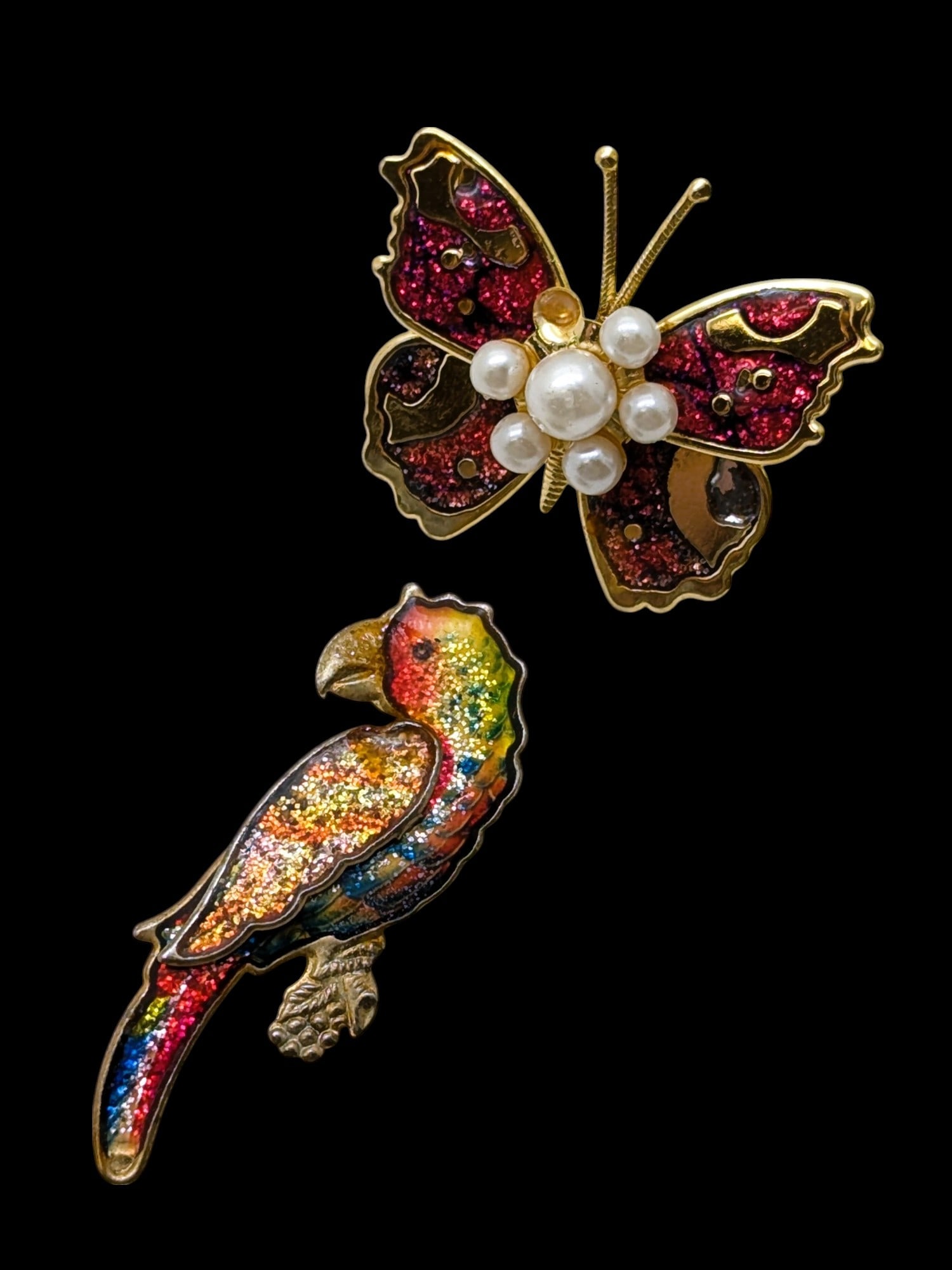 Lot of 2 Ladies Brooches - Butterfly & Parrot: Jewelry