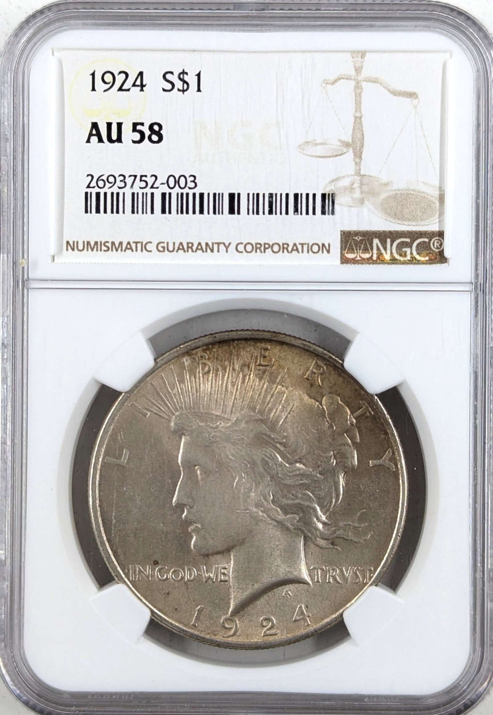 NGC 1924 AU58 Silver Peace Dollar: Silver