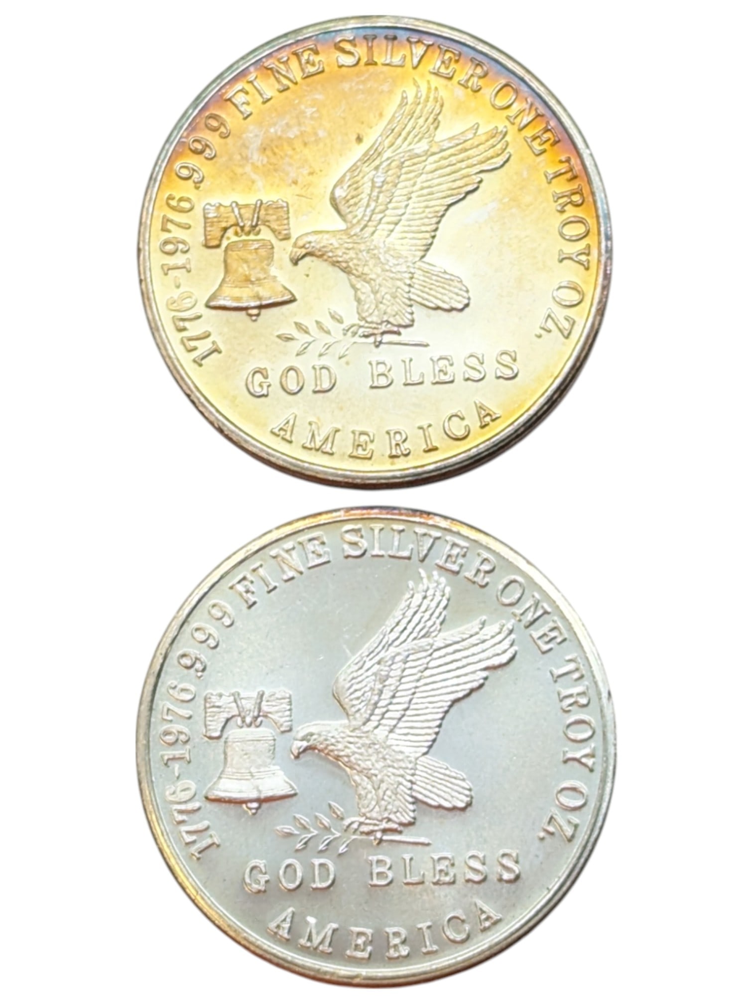 Lot of 2 - 1 Ounce(each) Fine .999 Silver Rounds - Tri-State Refining - Toned (1 of 2)