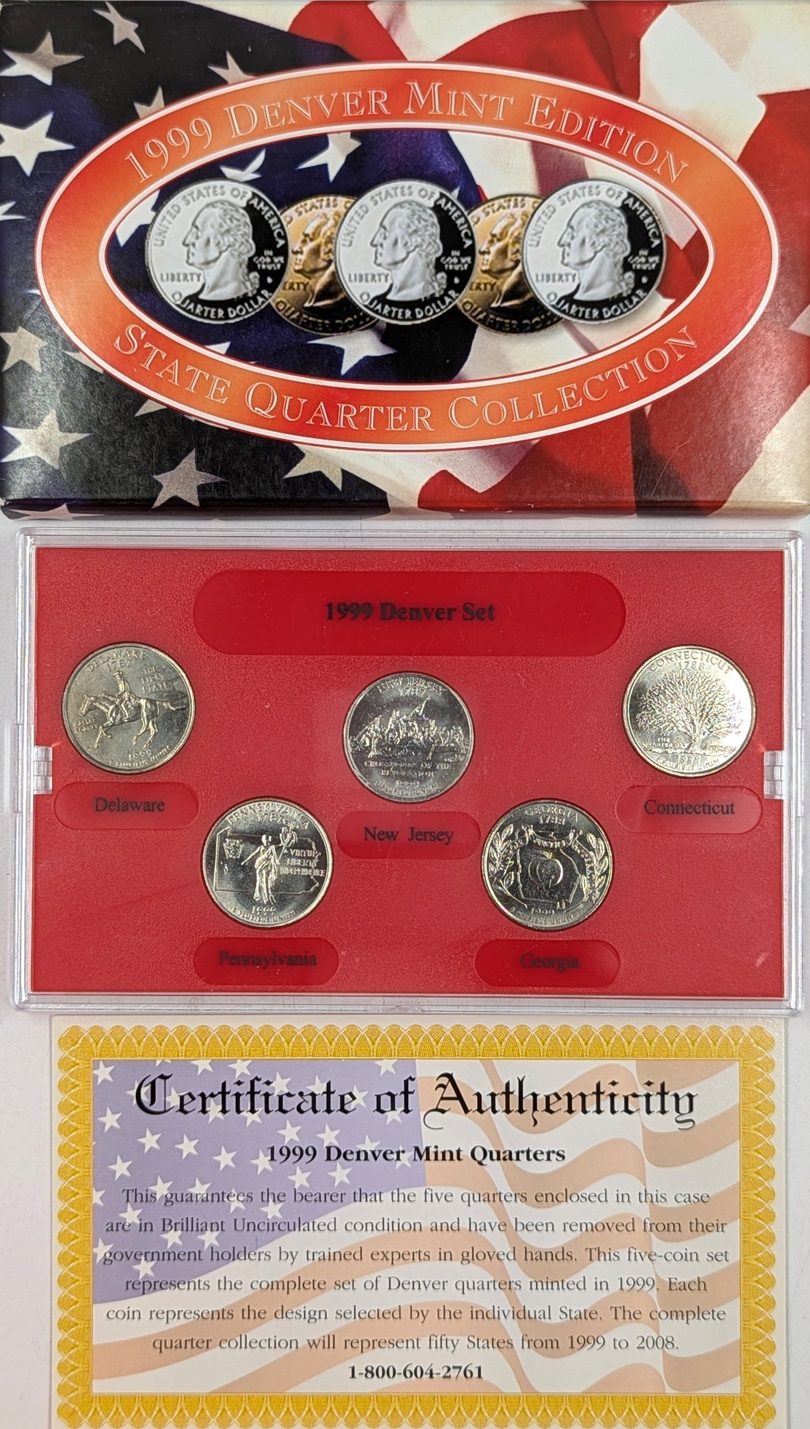 1999-D State Quarter Set w/ COA - DE, PA, NJ, GA, CT: Coin