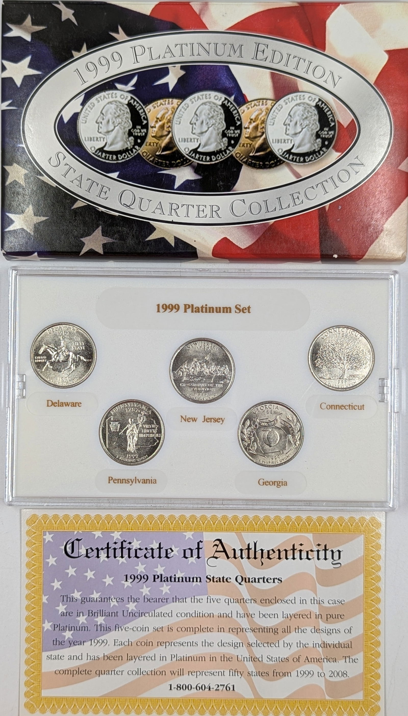 1999 Platinum Edition State Quarter Set w/ COA - DE, PA, NJ, GA, CT (1 of 2)