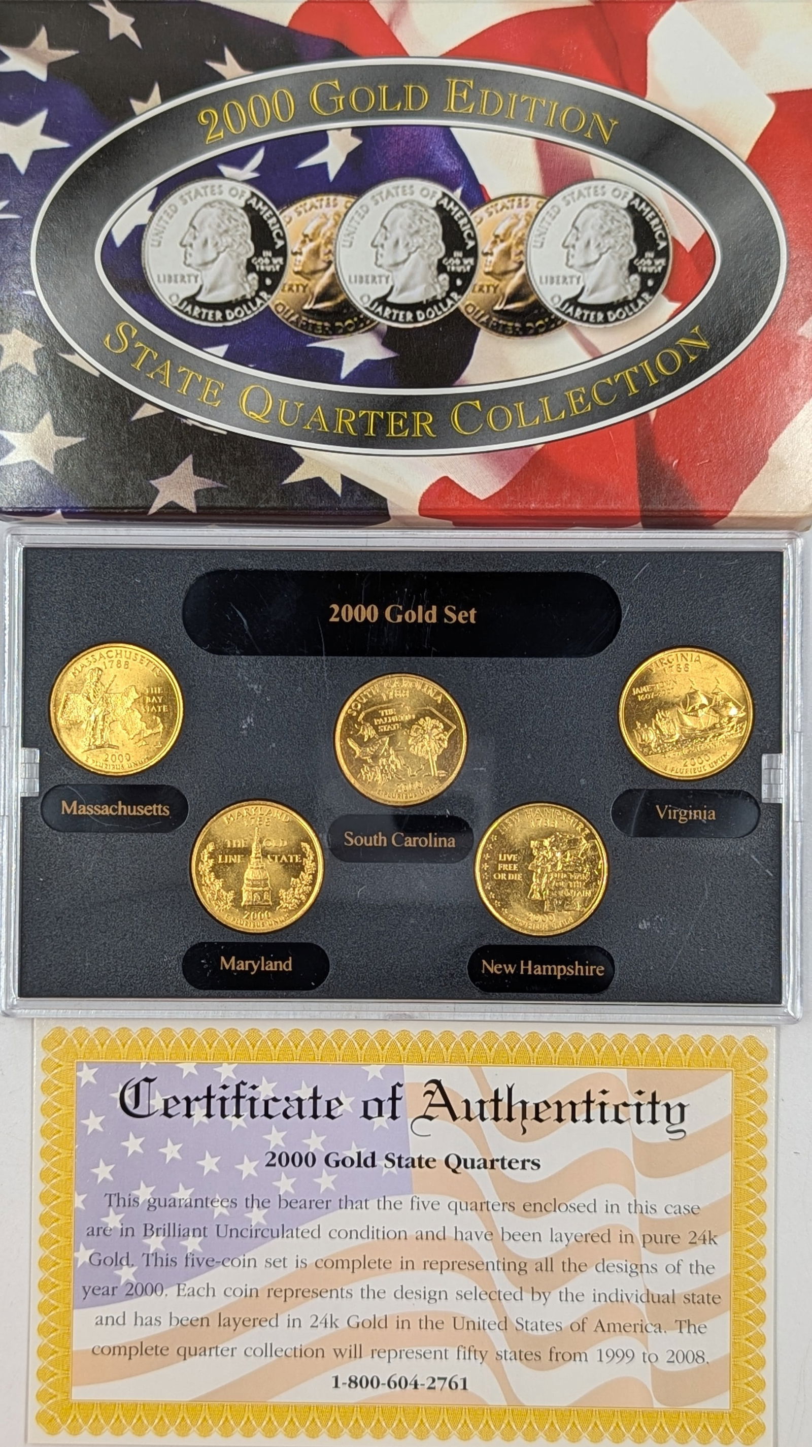 2000 Gold Edition State Quarter Set w/ COA - MA, MD, SC, NH, VA (1 of 2)