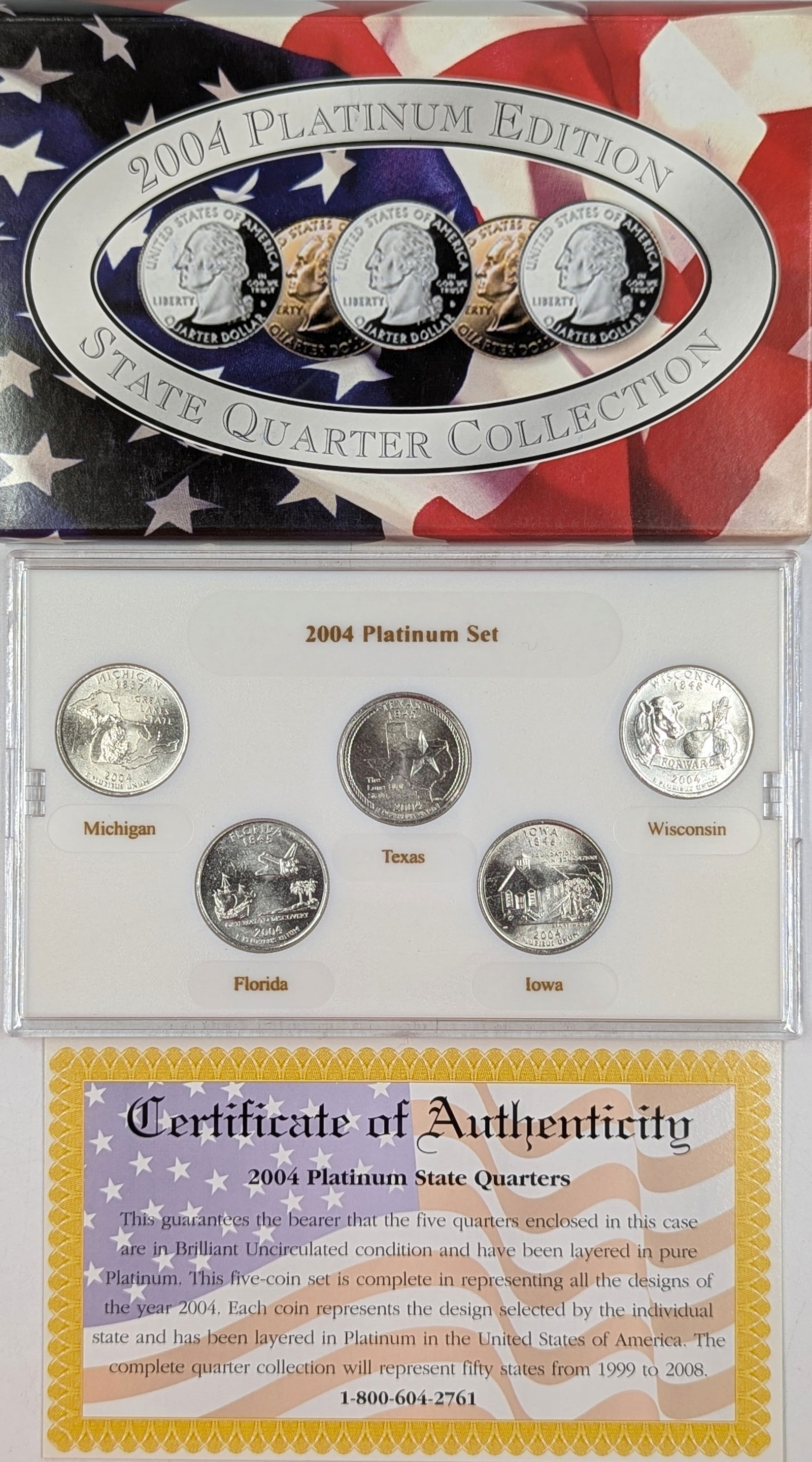 2007 Platinum Edition State Quarter Set w/ COA - MI, FL, TX, IA, WI (1 of 2)