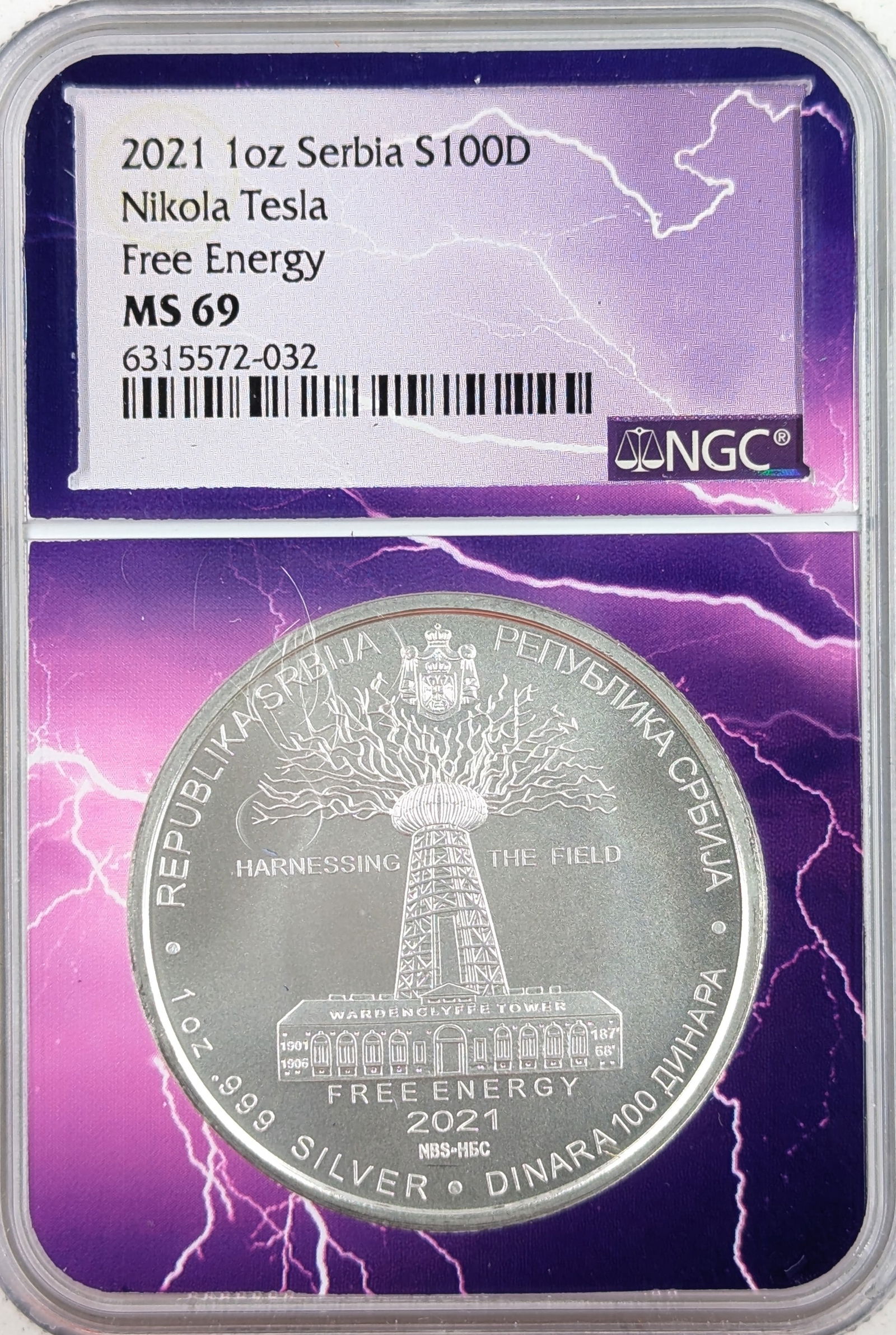 1 Ounce Fine .999 Silver Round - MS69 Nikola Tesla 2021 Serbia: Silver