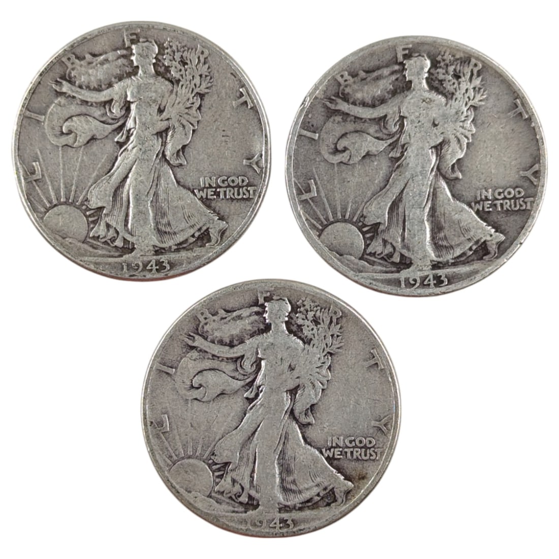 Lot of 3 Silver 1943 Walking Liberty Half Dollars: Silver